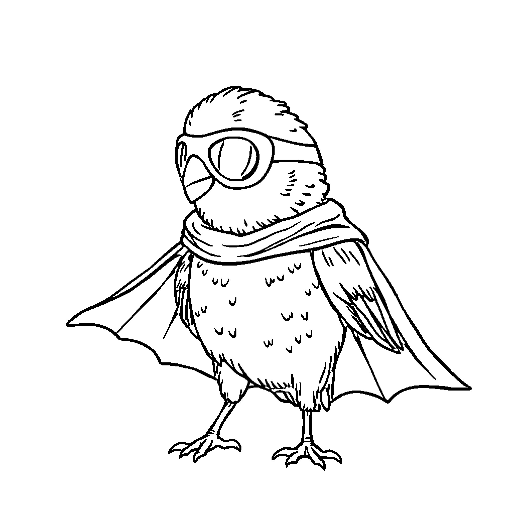 Budgie dressed up as superhero Coloring Page (free black-and-white line drawing printable PDF for all, from beginners to advanced learners, including children, teens, adults, and seniors)