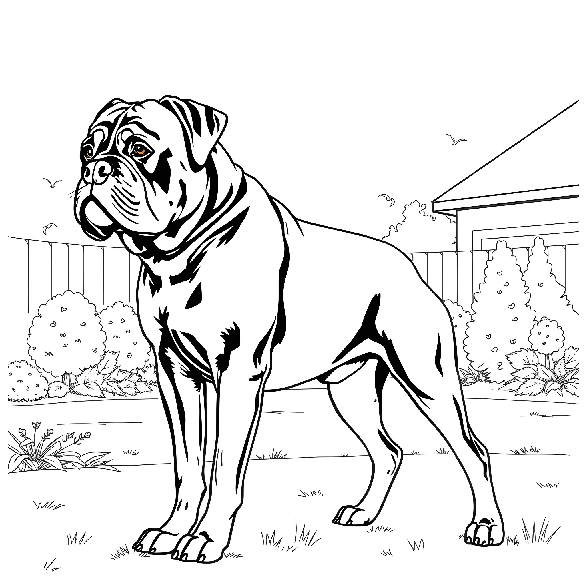 Rottweiler enjoying the outdoors Coloring Page (free black-and-white line drawing printable PDF for all, from beginners to advanced learners, including children, teens, adults, and seniors)