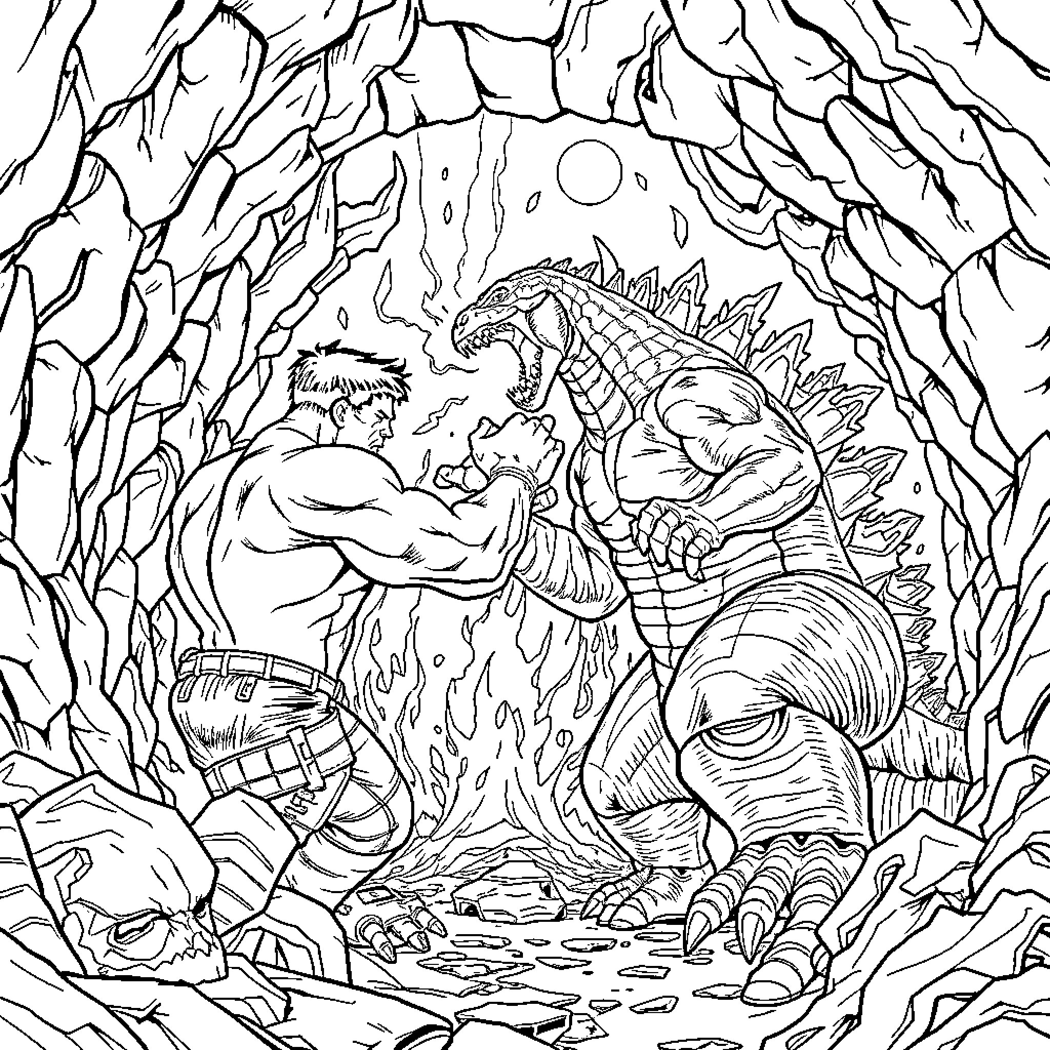 Hulk battling the mighty monster in a rugged environment Coloring Page (free black-and-white line drawing printable PDF for all, from beginners to advanced learners, including children, teens, adults, and seniors)