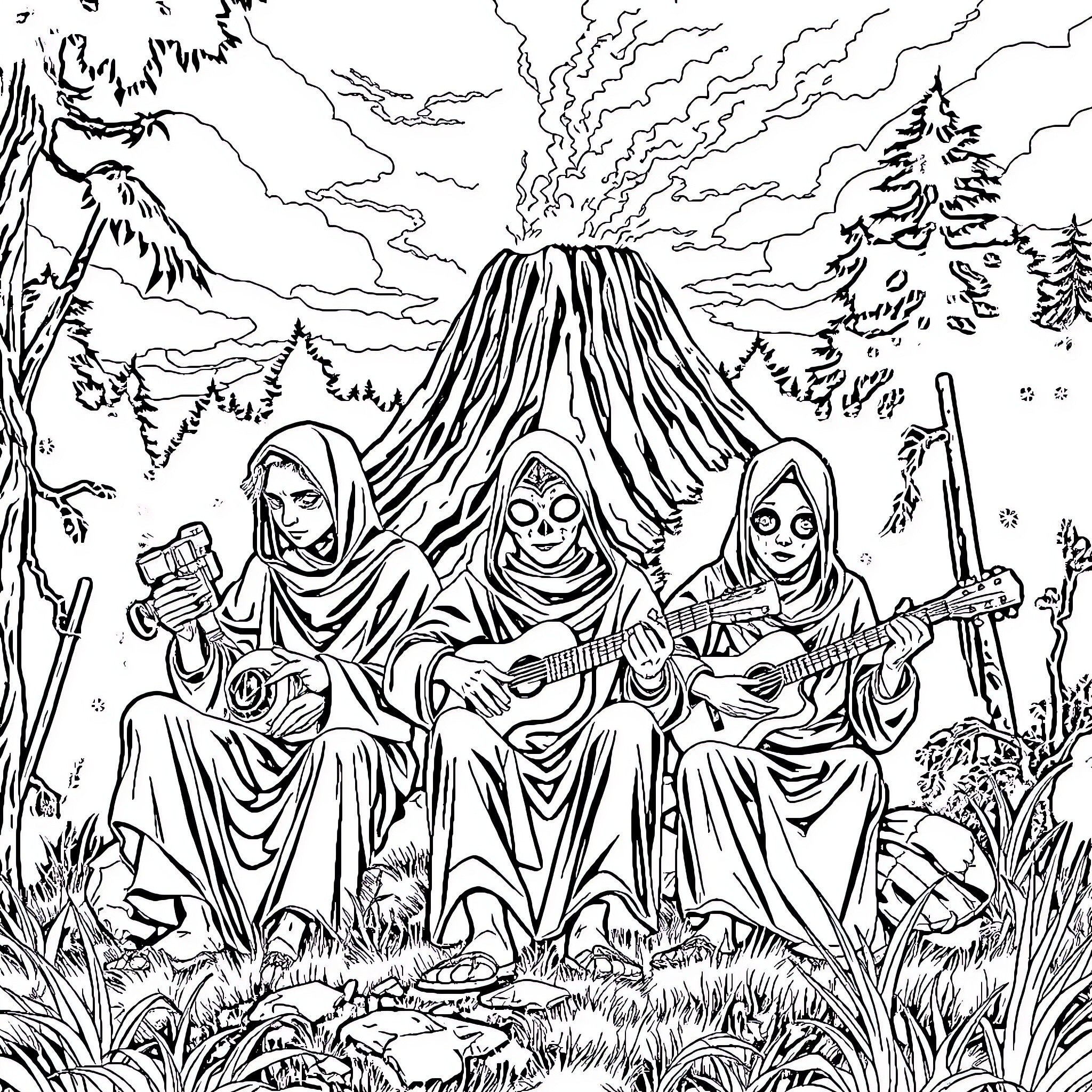 Ghost Hunters Exploring Mysterious Volcanic Landscape Coloring Page (free black-and-white line drawing printable PDF for all, from beginners to advanced learners, including children, teens, adults, and seniors)