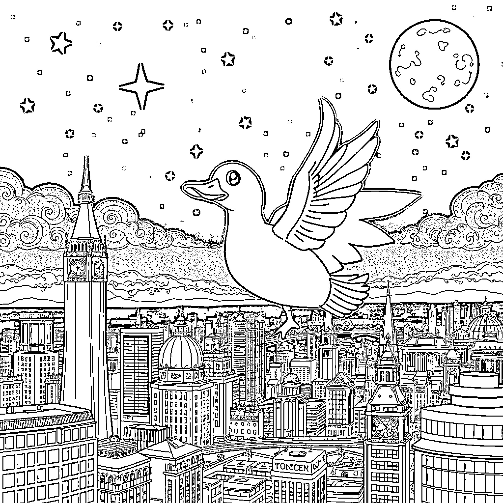 Superhero Duck soars over a magical city Coloring Page (free black-and-white line drawing printable PDF for all, from beginners to advanced learners, including children, teens, adults, and seniors)