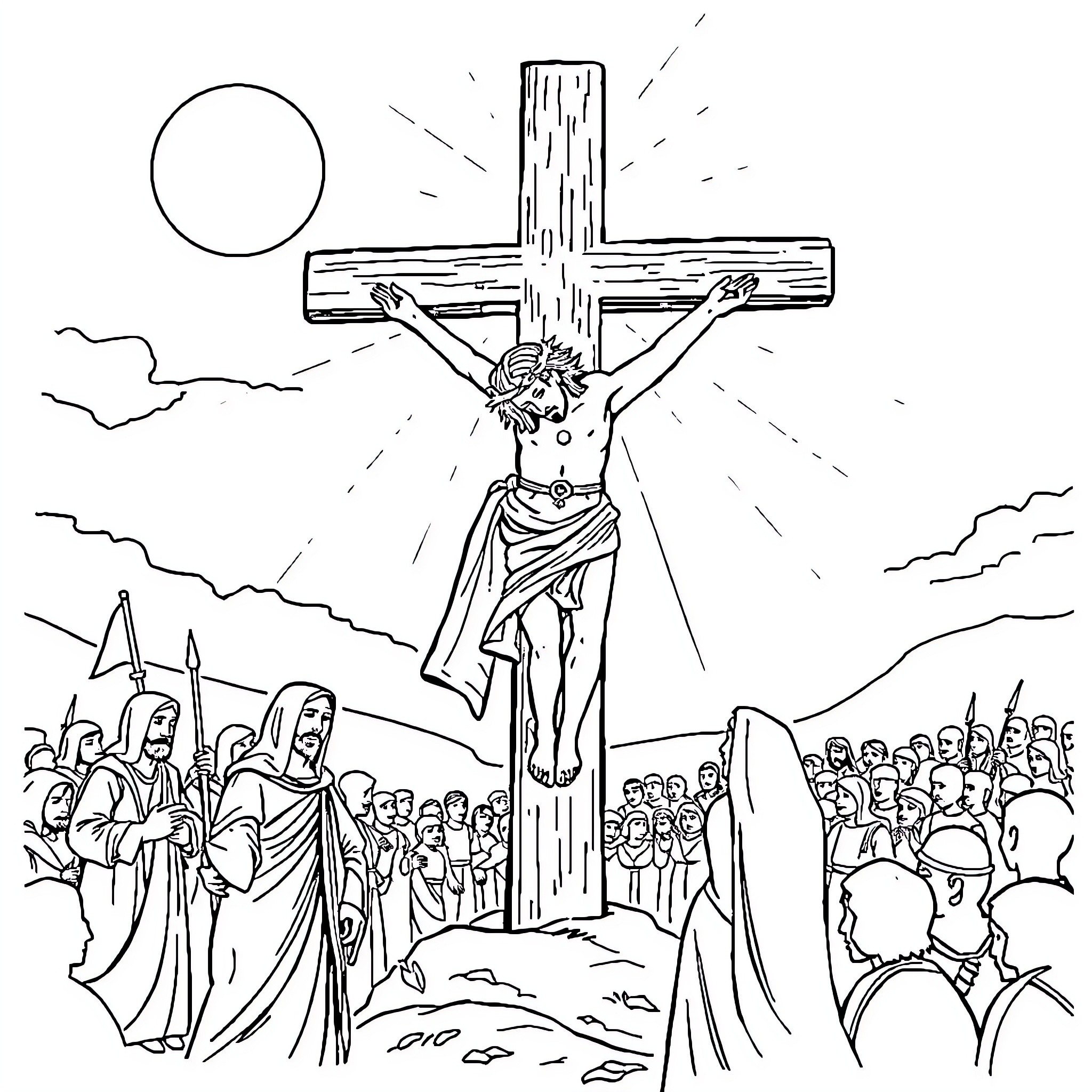 Crucifixion of Jesus with onlooking crowd Coloring Page (free black-and-white line drawing printable PDF for all, from beginners to advanced learners, including children, teens, adults, and seniors)