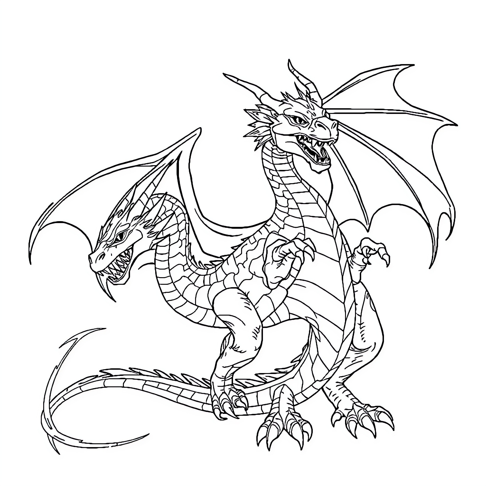 Dragon roaring fiercely with outstretched wings Coloring Page (free black-and-white line drawing printable PDF for all, from beginners to advanced learners, including children, teens, adults, and seniors)