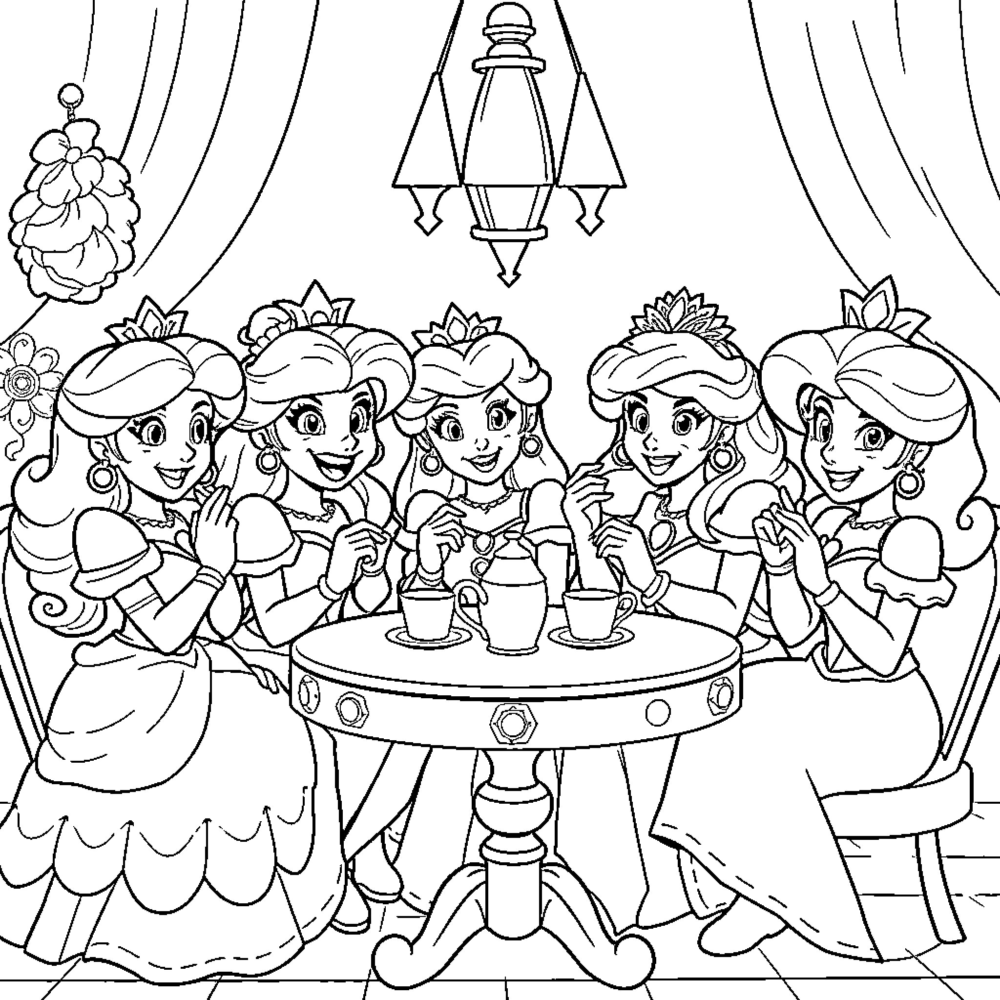 Princess Princesses Enjoying Tea Party with Friends Coloring Page (free black-and-white line drawing printable PDF for all, from beginners to advanced learners, including children, teens, adults, and seniors)
