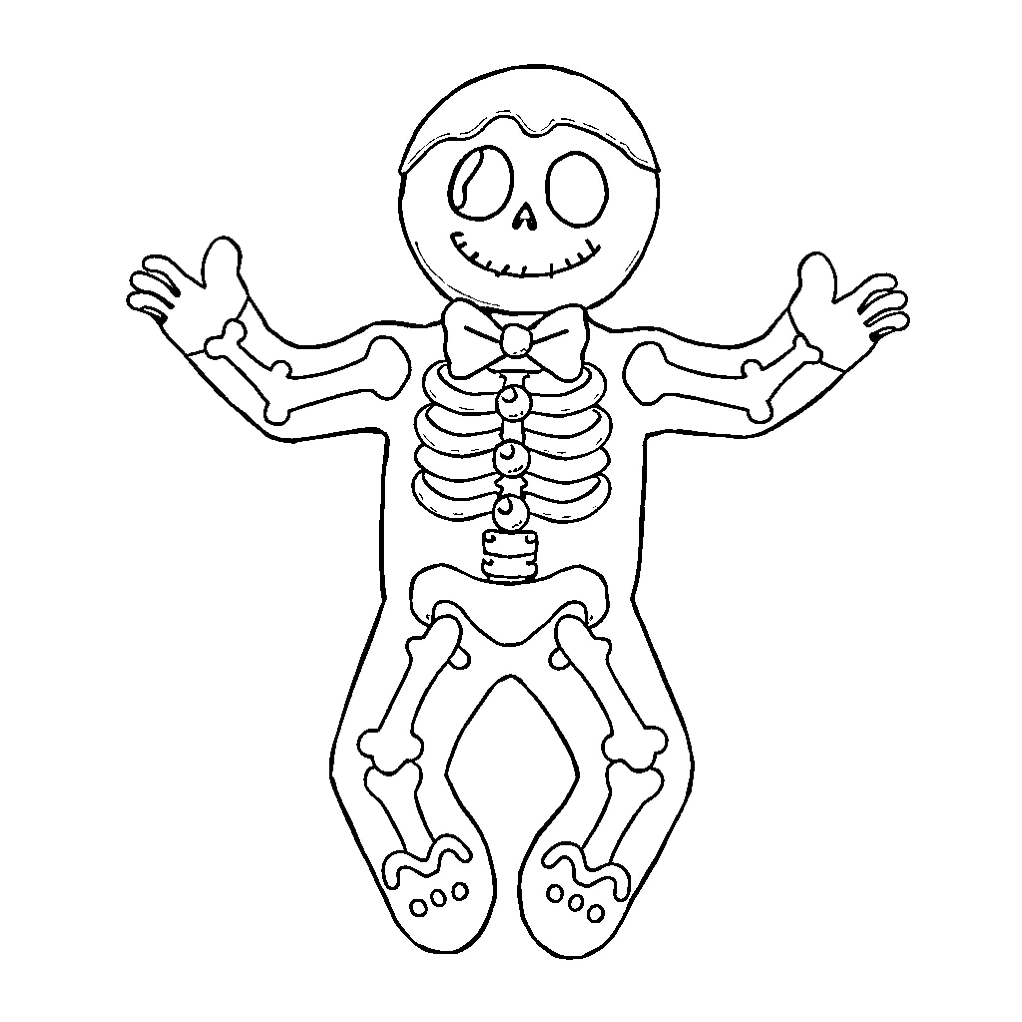 Gingerbread Man Skeleton with Bow Tie Waving Arms Coloring Page (free black-and-white line drawing printable PDF for all, from beginners to advanced learners, including children, teens, adults, and seniors)