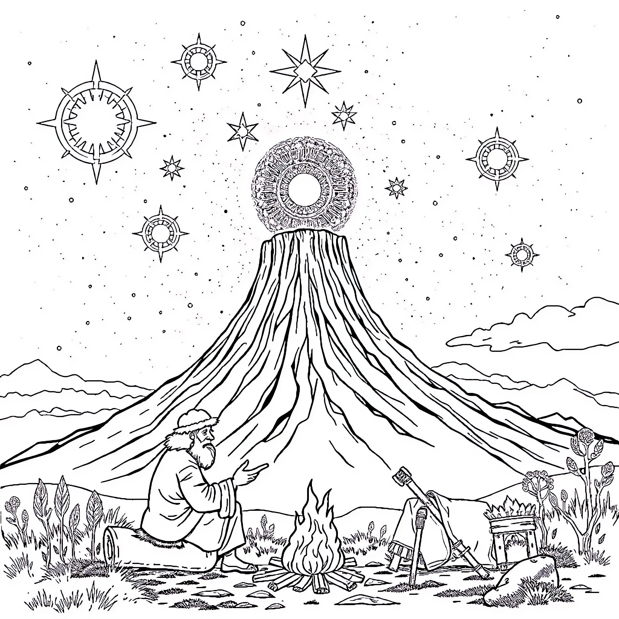 Matariki celestial celebration under the starry night sky Coloring Page (free black-and-white line drawing printable PDF for all, from beginners to advanced learners, including children, teens, adults, and seniors)