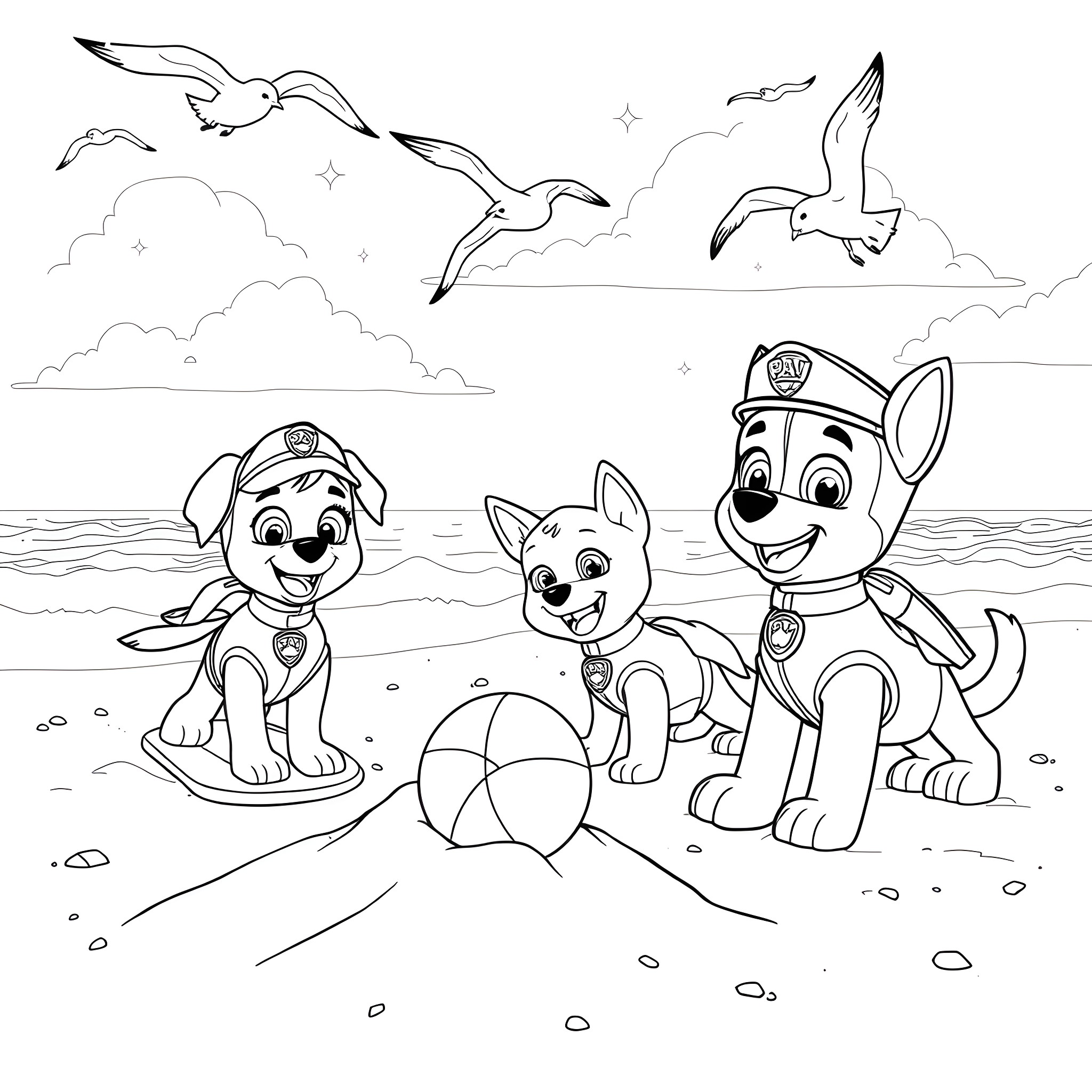 Paw Patrol Pups Playing at the Beach Coloring Page (free black-and-white line drawing printable PDF for all, from beginners to advanced learners, including children, teens, adults, and seniors)