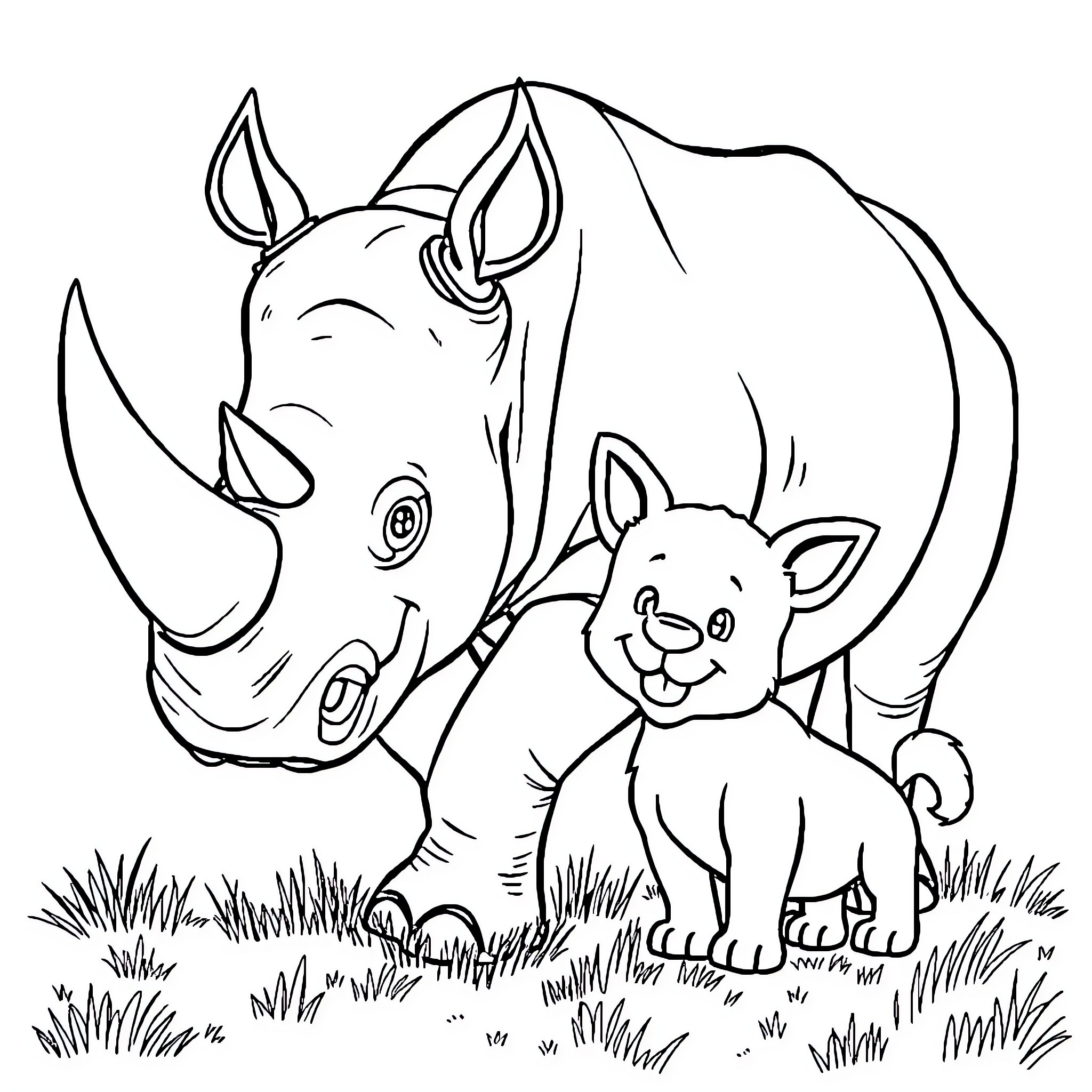 Rhinoceros and playful cub in natural setting Coloring Page (free black-and-white line drawing printable PDF for all, from beginners to advanced learners, including children, teens, adults, and seniors)