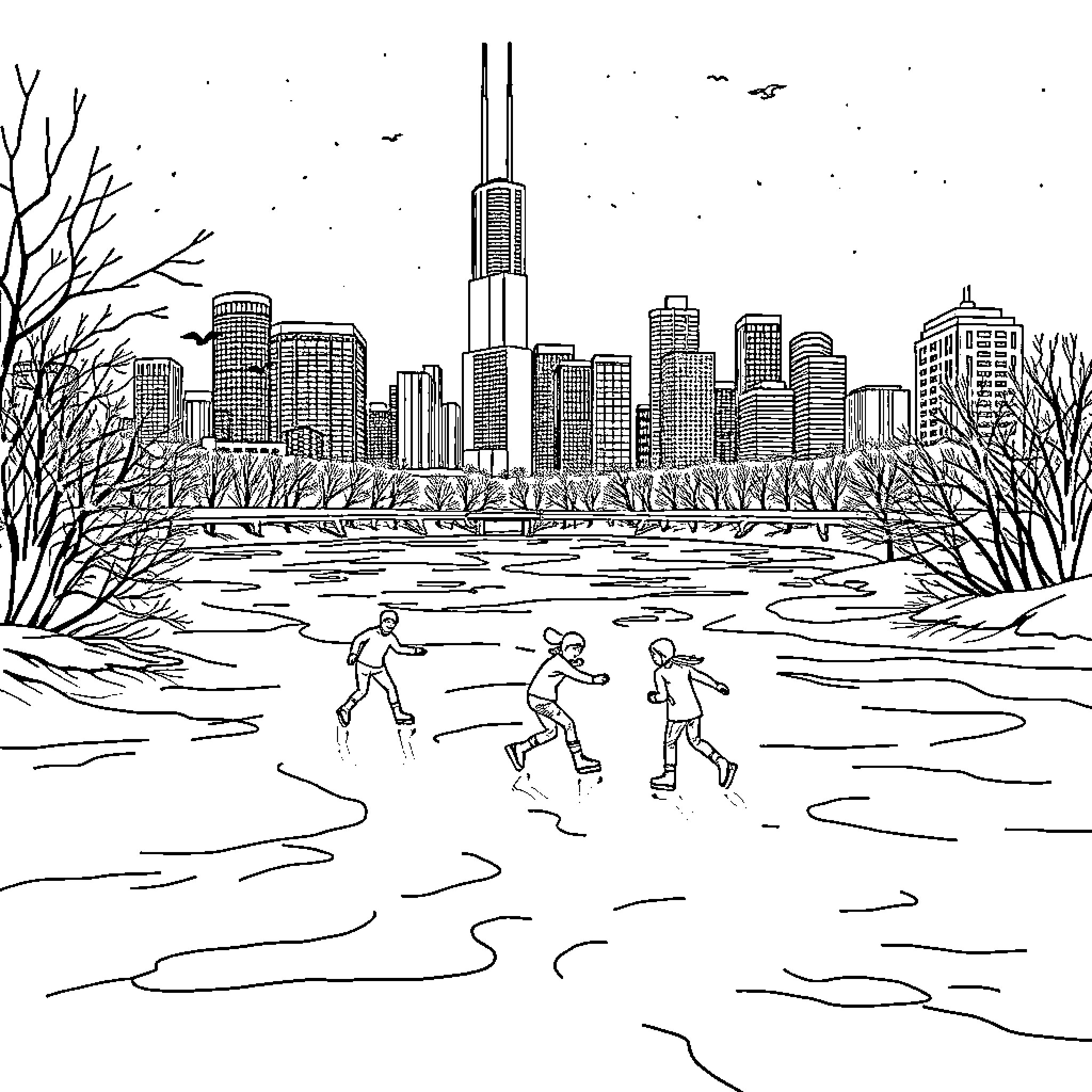 ICE Skating in Urban Cityscape Coloring Page (free black-and-white line drawing printable PDF for all, from beginners to advanced learners, including children, teens, adults, and seniors)
