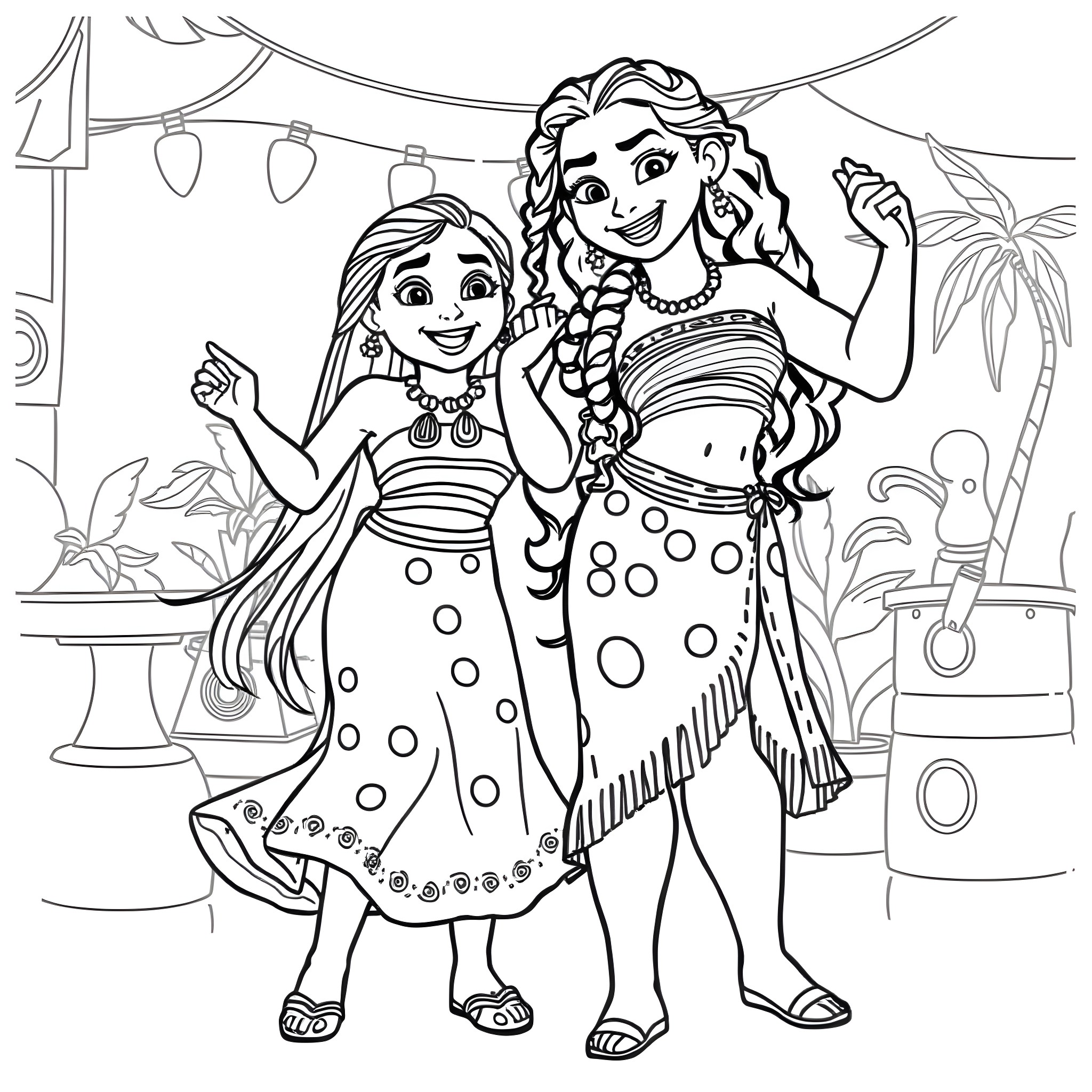 Moana and Maui in Cheerful Island Attire Coloring Page (free black-and-white line drawing printable PDF for all, from beginners to advanced learners, including children, teens, adults, and seniors)