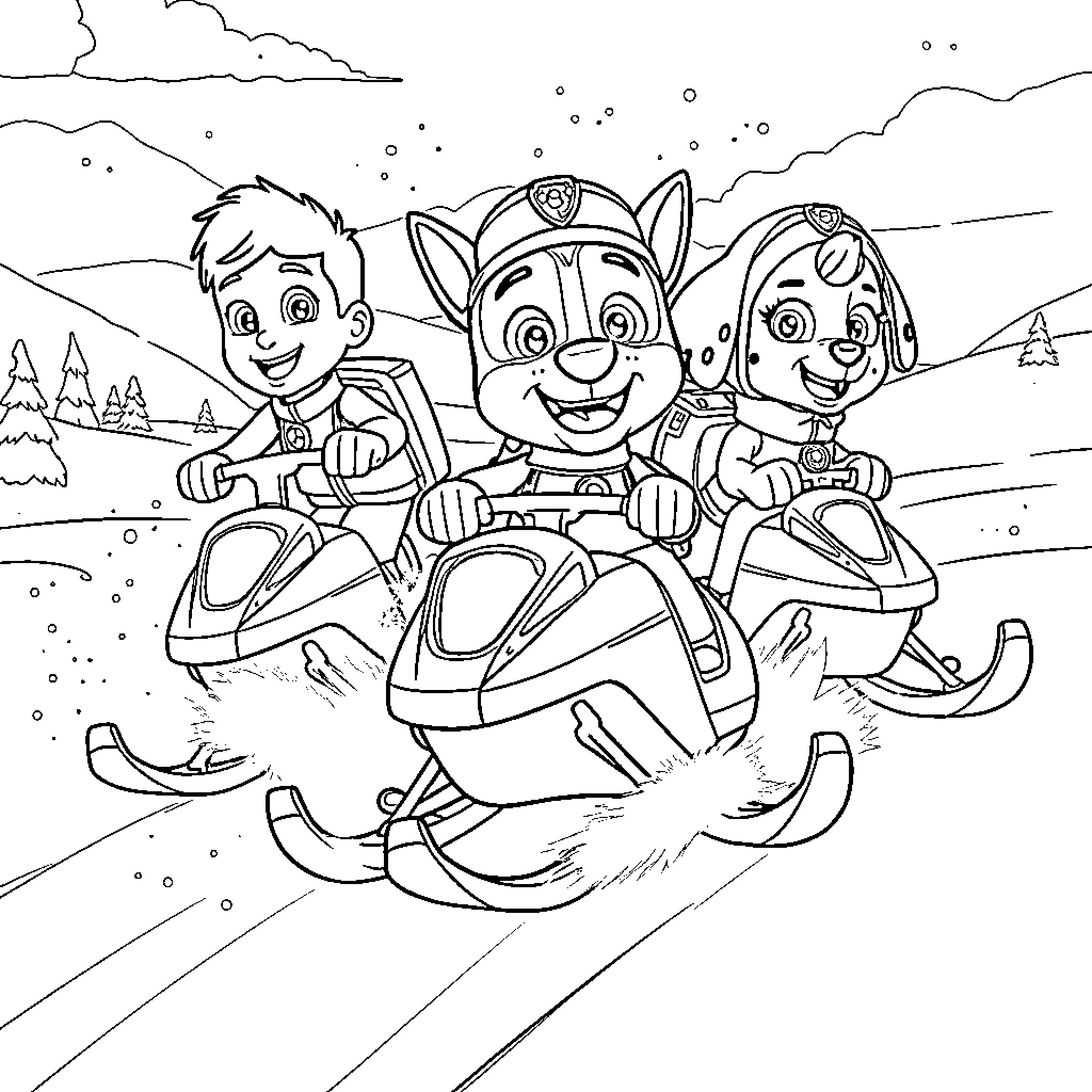 Paw Patrol team riding snowmobiles in winter landscape Coloring Page (free black-and-white line drawing printable PDF for all, from beginners to advanced learners, including children, teens, adults, and seniors)