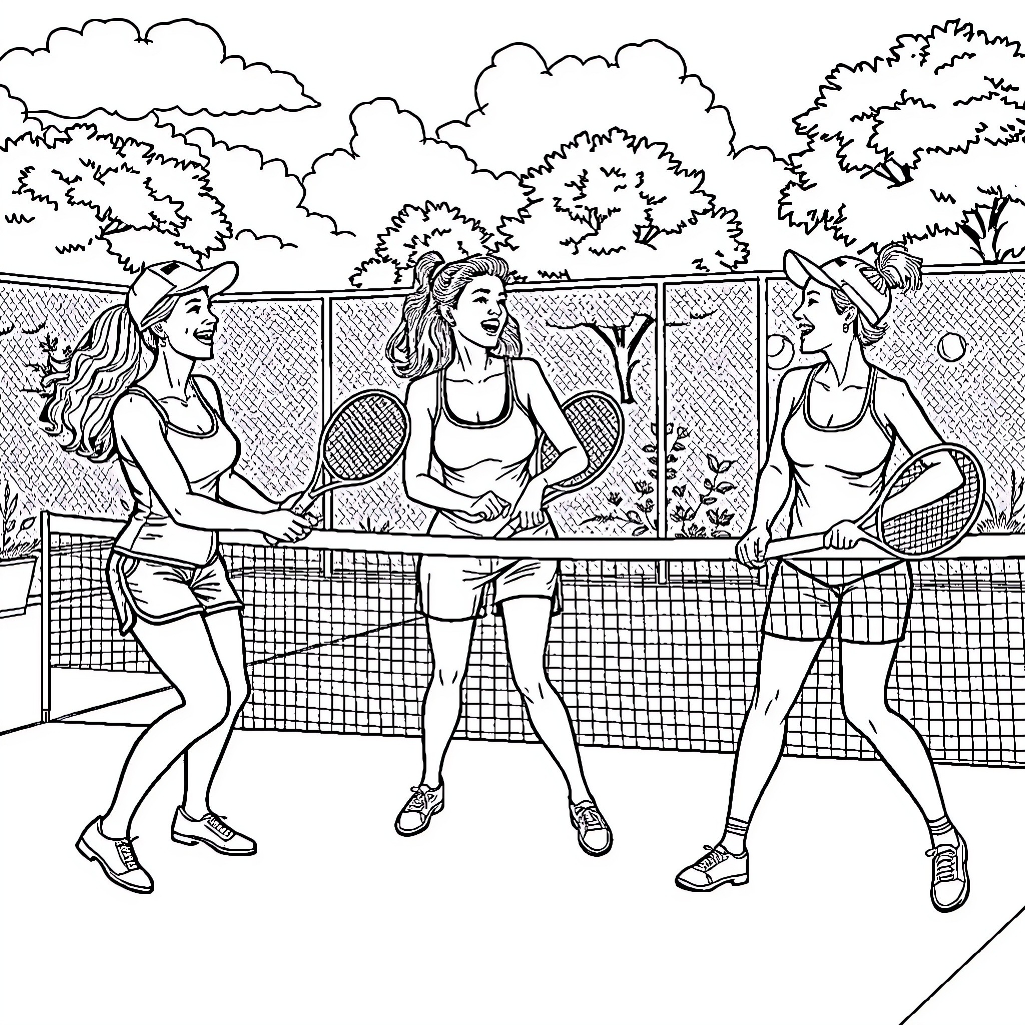 Women playing tennis on the court Coloring Page (free black-and-white line drawing printable PDF for all, from beginners to advanced learners, including children, teens, adults, and seniors)