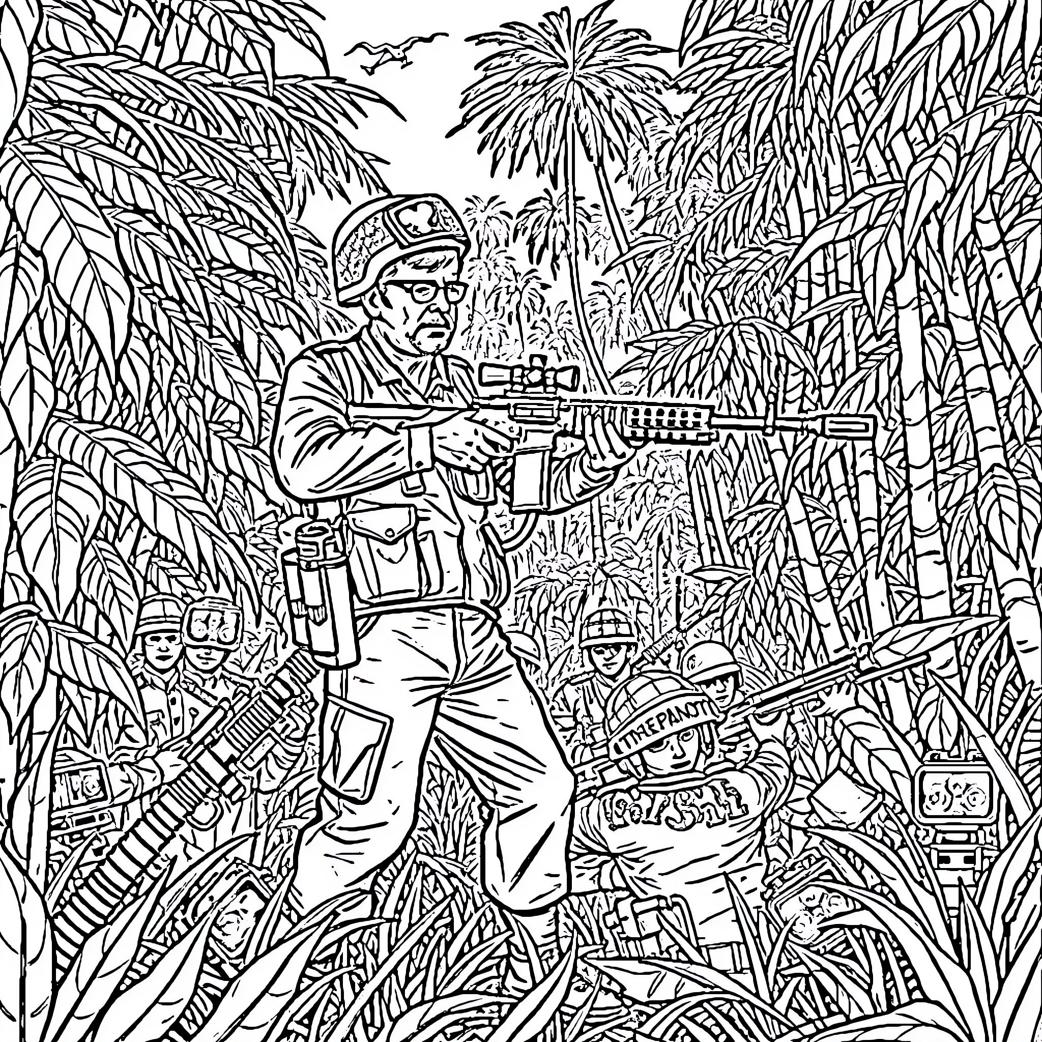 Hank Hill's military adventure in the jungle Coloring Page (free black-and-white line drawing printable PDF for all, from beginners to advanced learners, including children, teens, adults, and seniors)