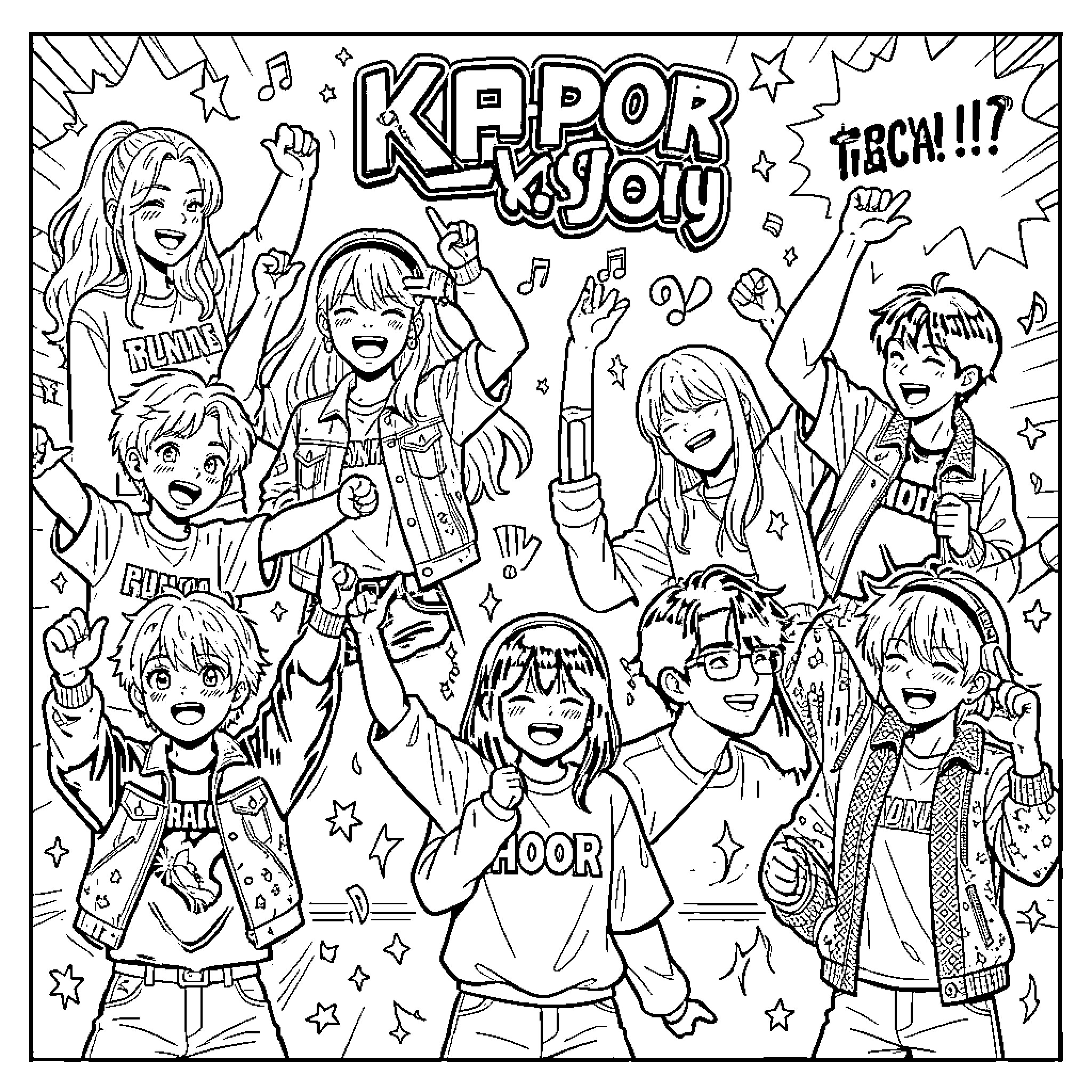 K Pop group performing enthusiastically with joyful expressions Coloring Page (free black-and-white line drawing printable PDF for all, from beginners to advanced learners, including children, teens, adults, and seniors)
