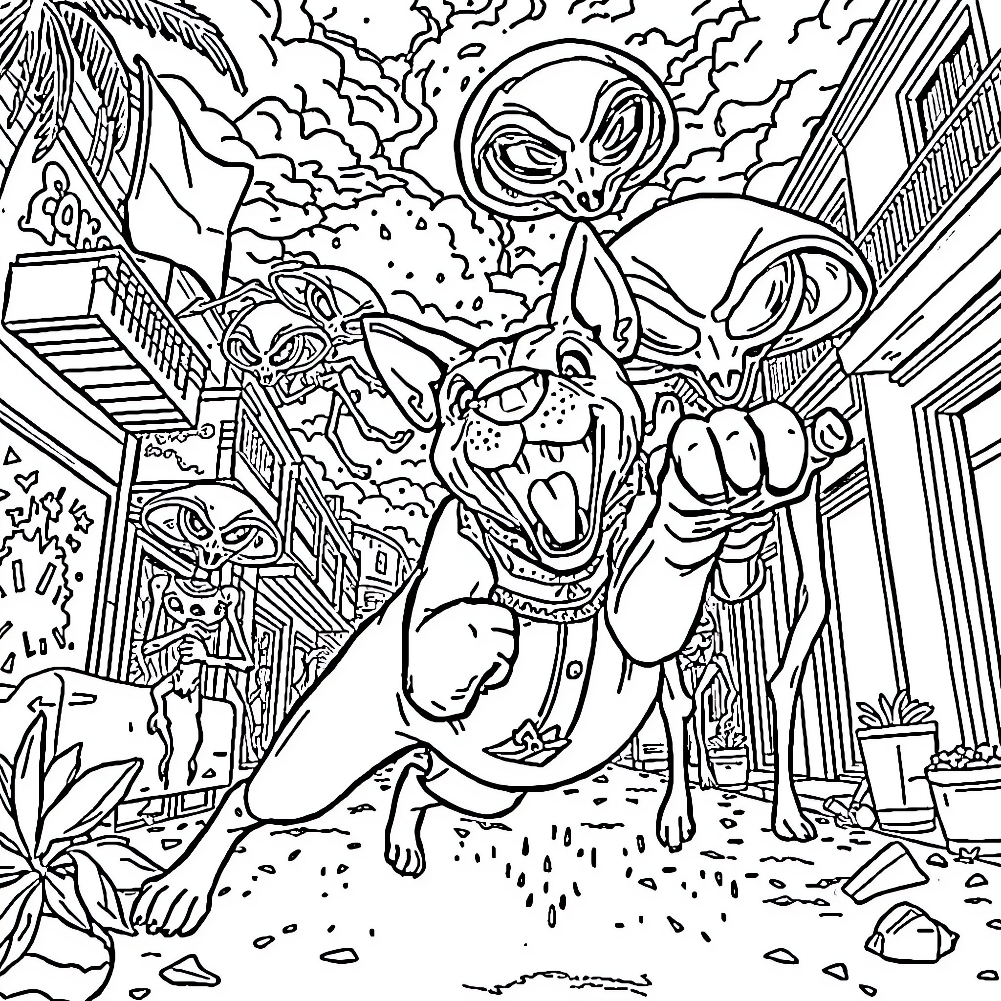 Dog encountering strange creatures in an urban environment Coloring Page (free black-and-white line drawing printable PDF for all, from beginners to advanced learners, including children, teens, adults, and seniors)