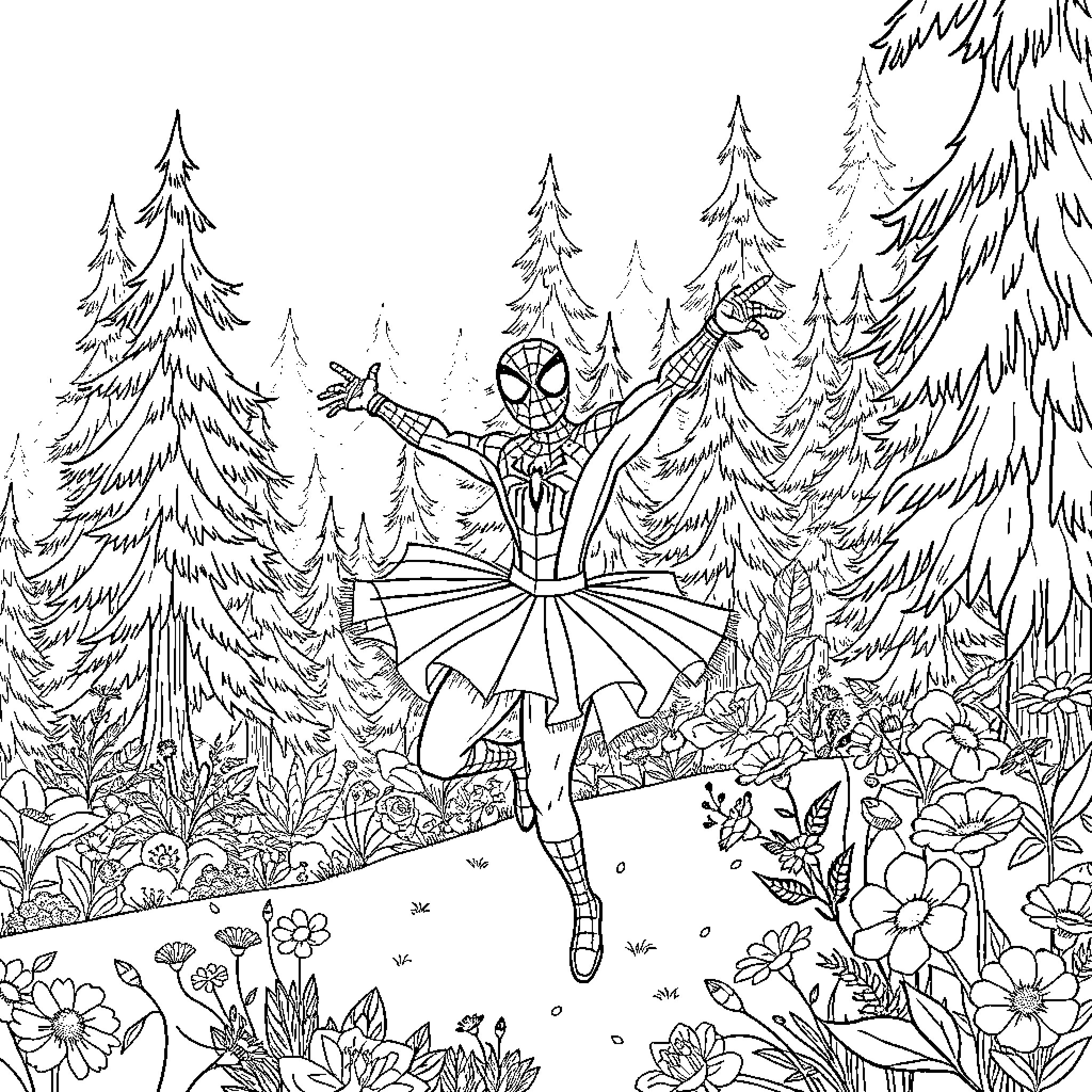 Spiderman enjoying the forest scenery Coloring Page (free black-and-white line drawing printable PDF for all, from beginners to advanced learners, including children, teens, adults, and seniors)