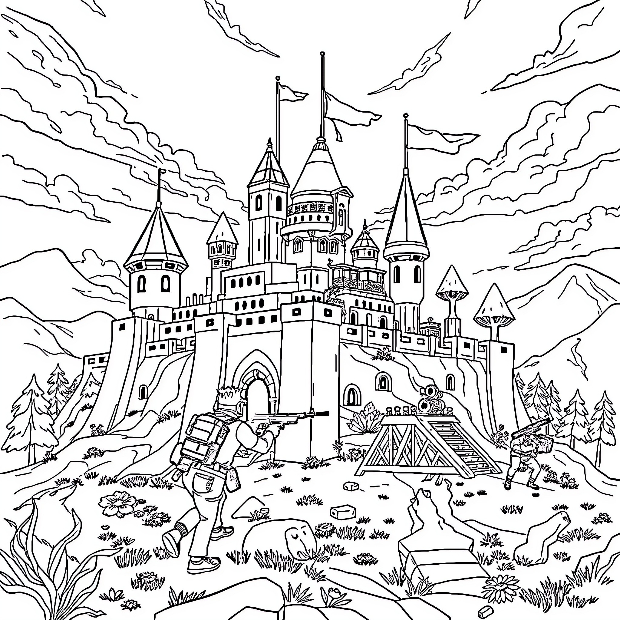 Fortnite Fantastical Castle Adventure Coloring Page (free black-and-white line drawing printable PDF for all, from beginners to advanced learners, including children, teens, adults, and seniors)