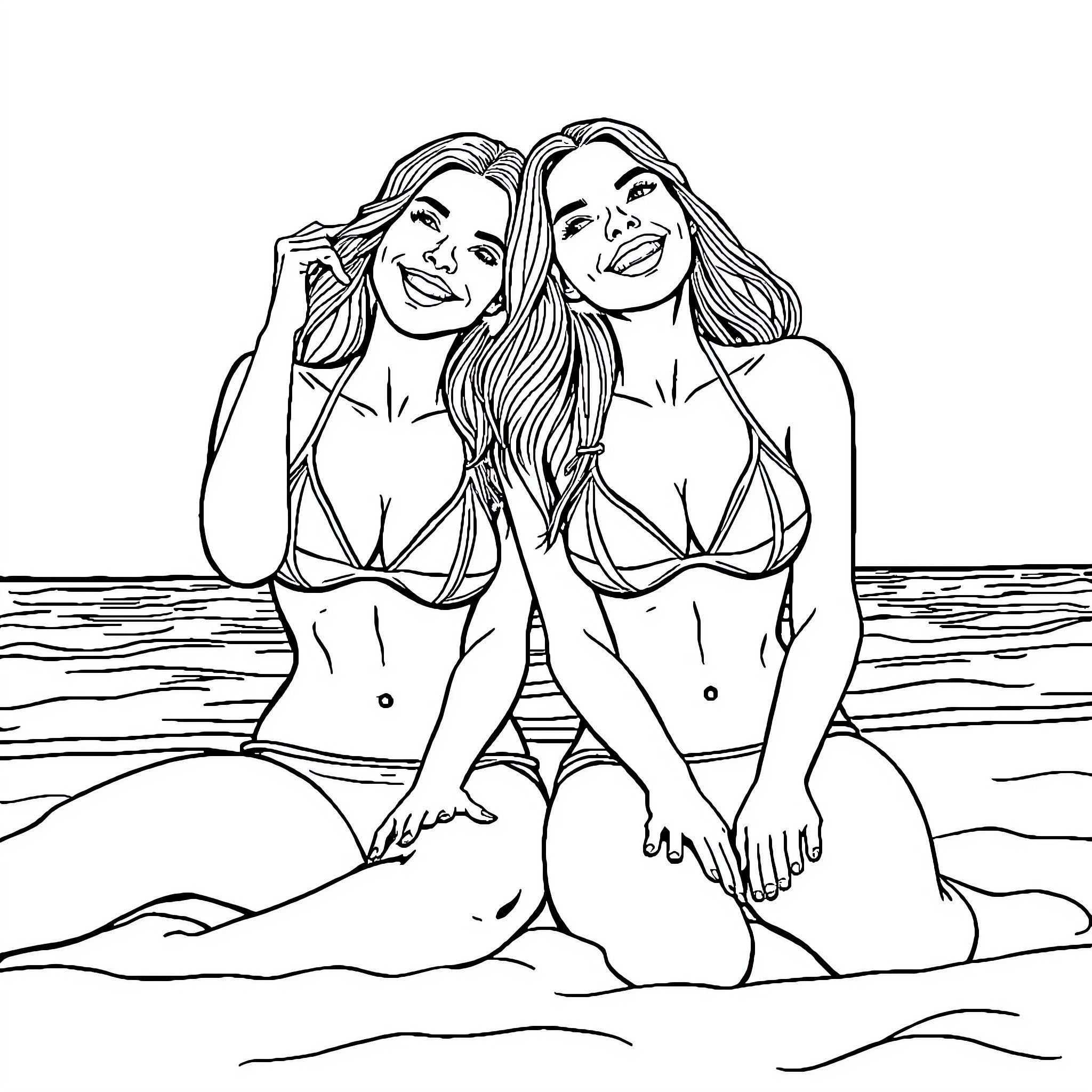 Women enjoying the beach together Coloring Page (free black-and-white line drawing printable PDF for all, from beginners to advanced learners, including children, teens, adults, and seniors)