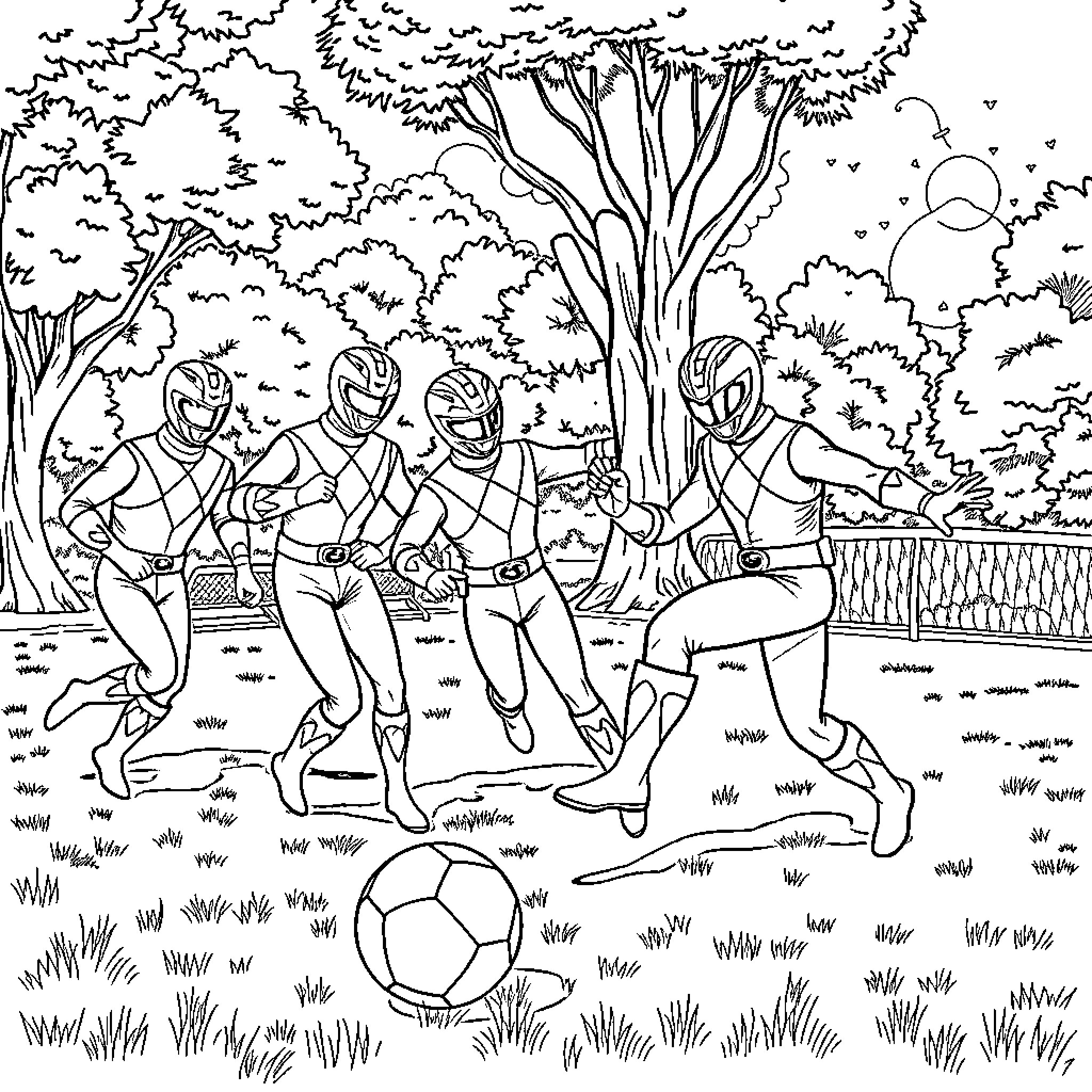 Power Rangers in action amid nature Coloring Page (free black-and-white line drawing printable PDF for all, from beginners to advanced learners, including children, teens, adults, and seniors)