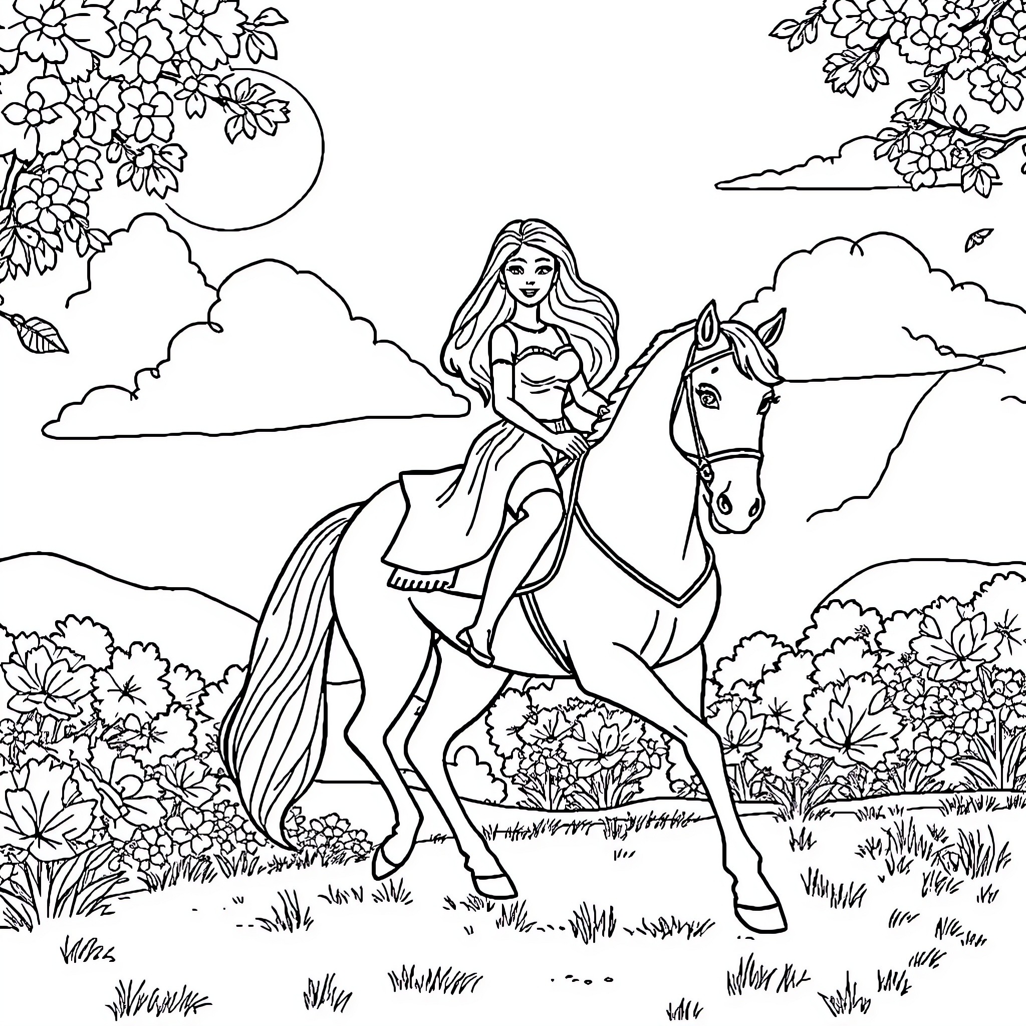 Barbie riding a horse through a floral landscape Coloring Page (free black-and-white line drawing printable PDF for all, from beginners to advanced learners, including children, teens, adults, and seniors)