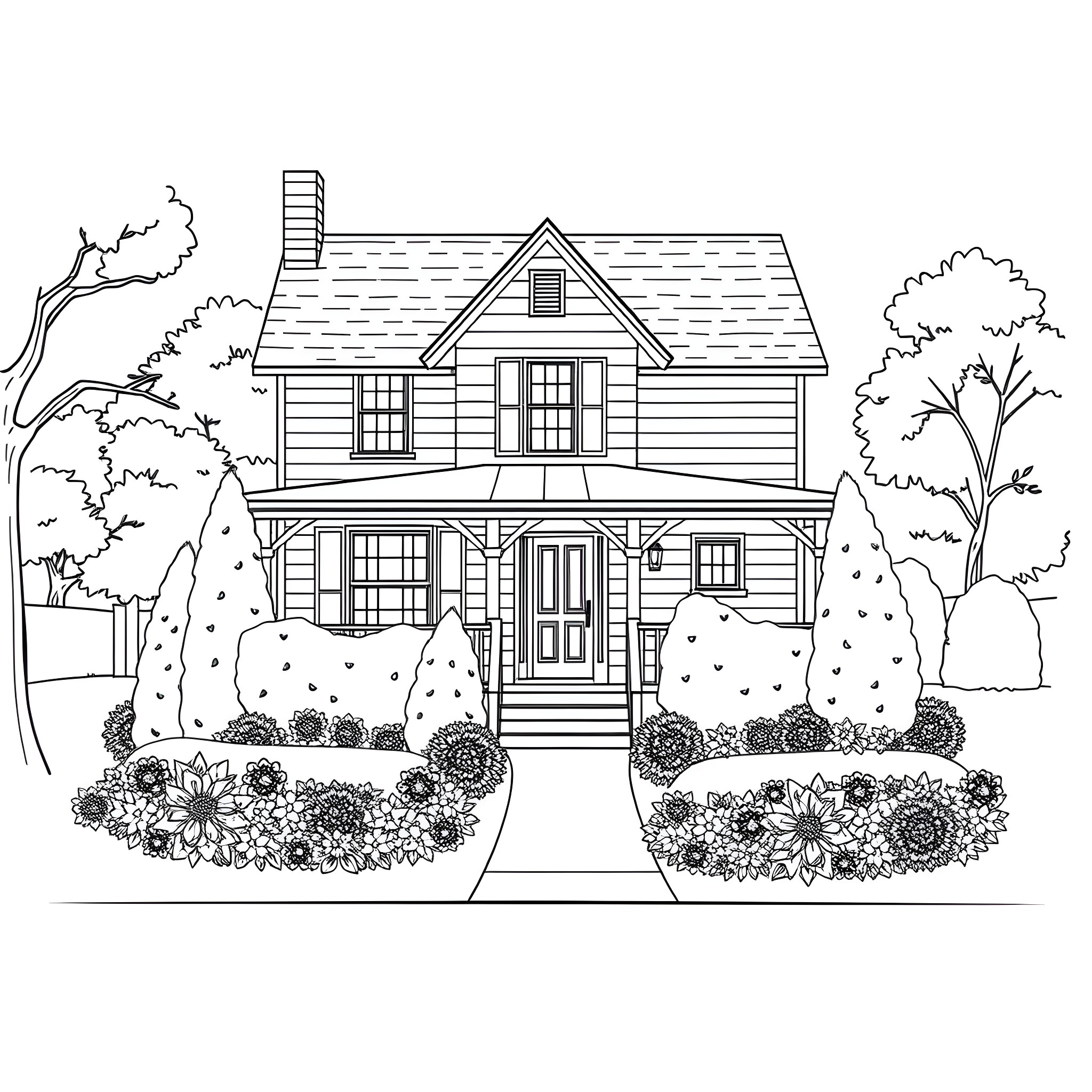 House with Flowers and Trees in the Yard Coloring Page (free black-and-white line drawing printable PDF for all, from beginners to advanced learners, including children, teens, adults, and seniors)