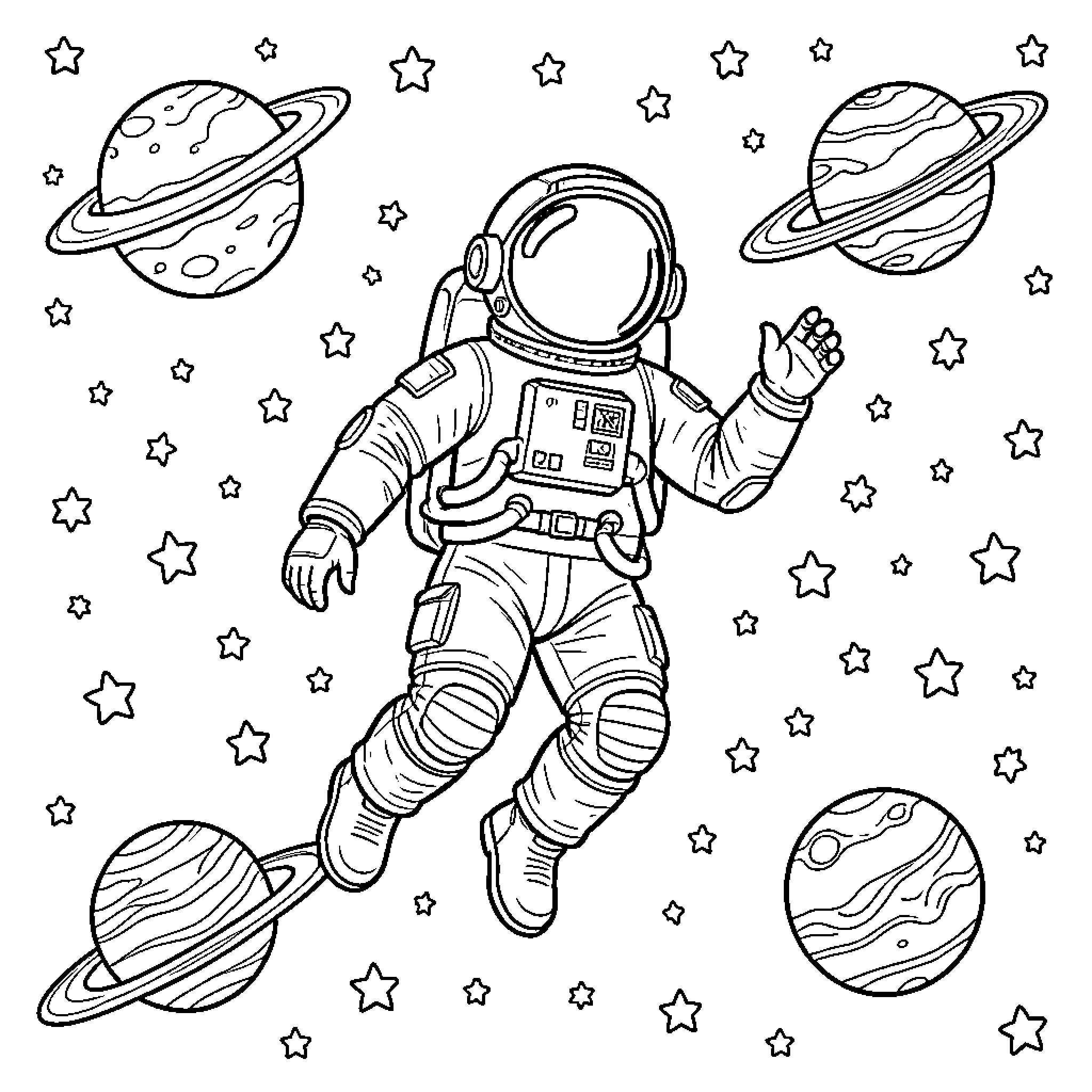 Astronaut floating peacefully among planets and stars Coloring Page (free black-and-white line drawing printable PDF for all, from beginners to advanced learners, including children, teens, adults, and seniors)