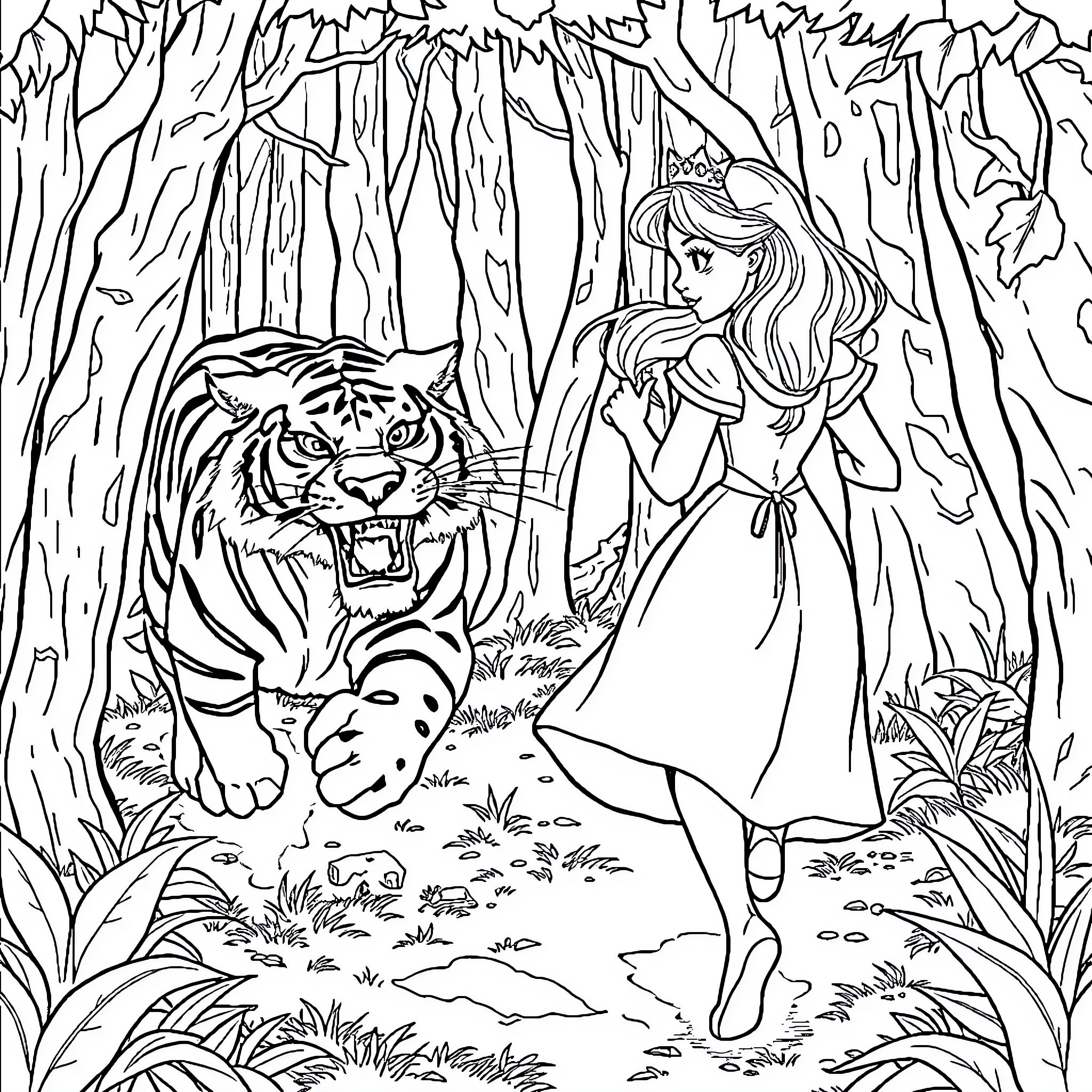Princess Encounters Fierce Tiger in Enchanted Forest Coloring Page (free black-and-white line drawing printable PDF for all, from beginners to advanced learners, including children, teens, adults, and seniors)