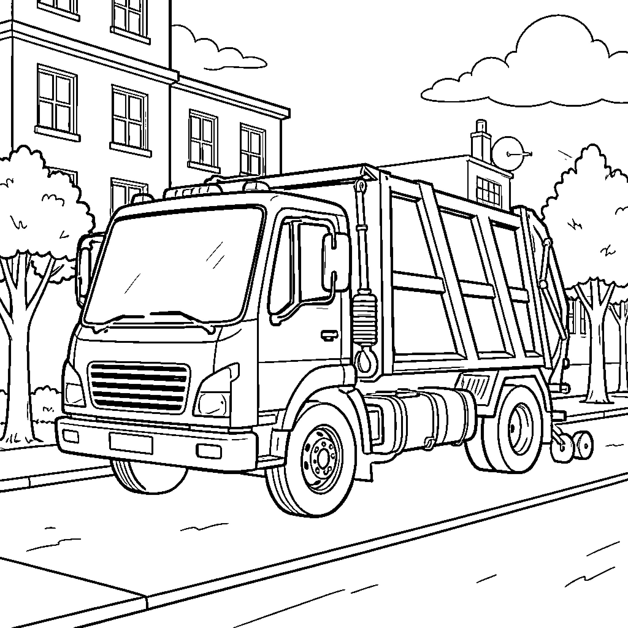 Garbage Truck on a City Street Coloring Page (free black-and-white line drawing printable PDF for all, from beginners to advanced learners, including children, teens, adults, and seniors)