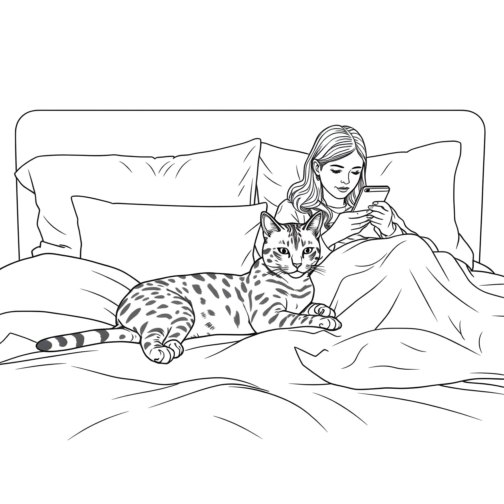 Bengal Cat resting with owner on the bed Coloring Page (free black-and-white line drawing printable PDF for all, from beginners to advanced learners, including children, teens, adults, and seniors)