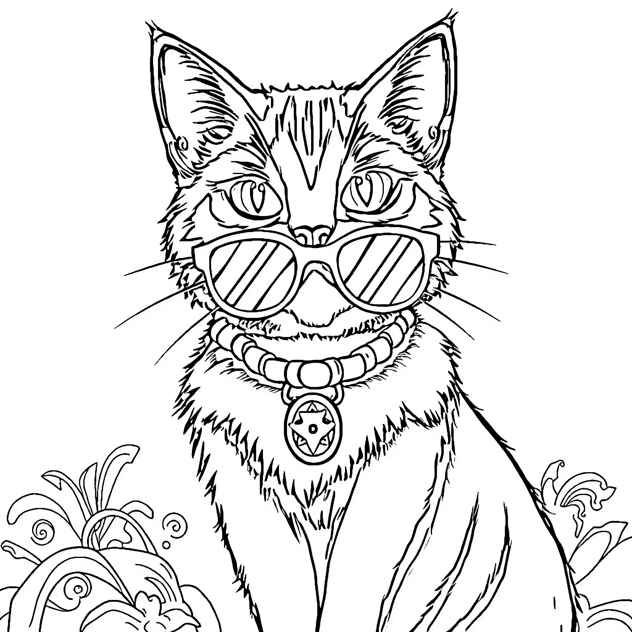 Kitty in Stylish Sunglasses Coloring Page (free black-and-white line drawing printable PDF for all, from beginners to advanced learners, including children, teens, adults, and seniors)