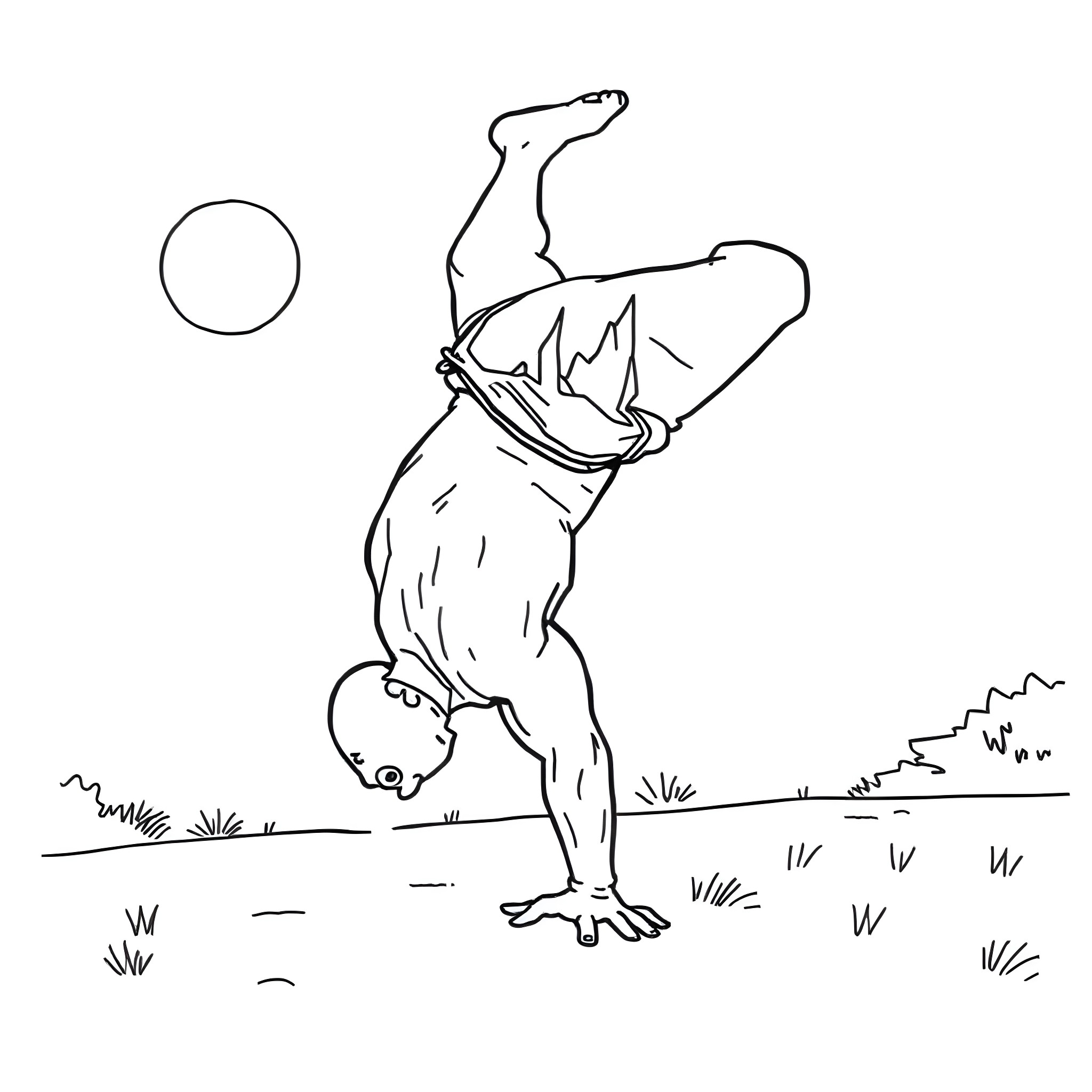 Dwayne Johnson performing a cartwheel outdoors Coloring Page (free black-and-white line drawing printable PDF for all, from beginners to advanced learners, including children, teens, adults, and seniors)