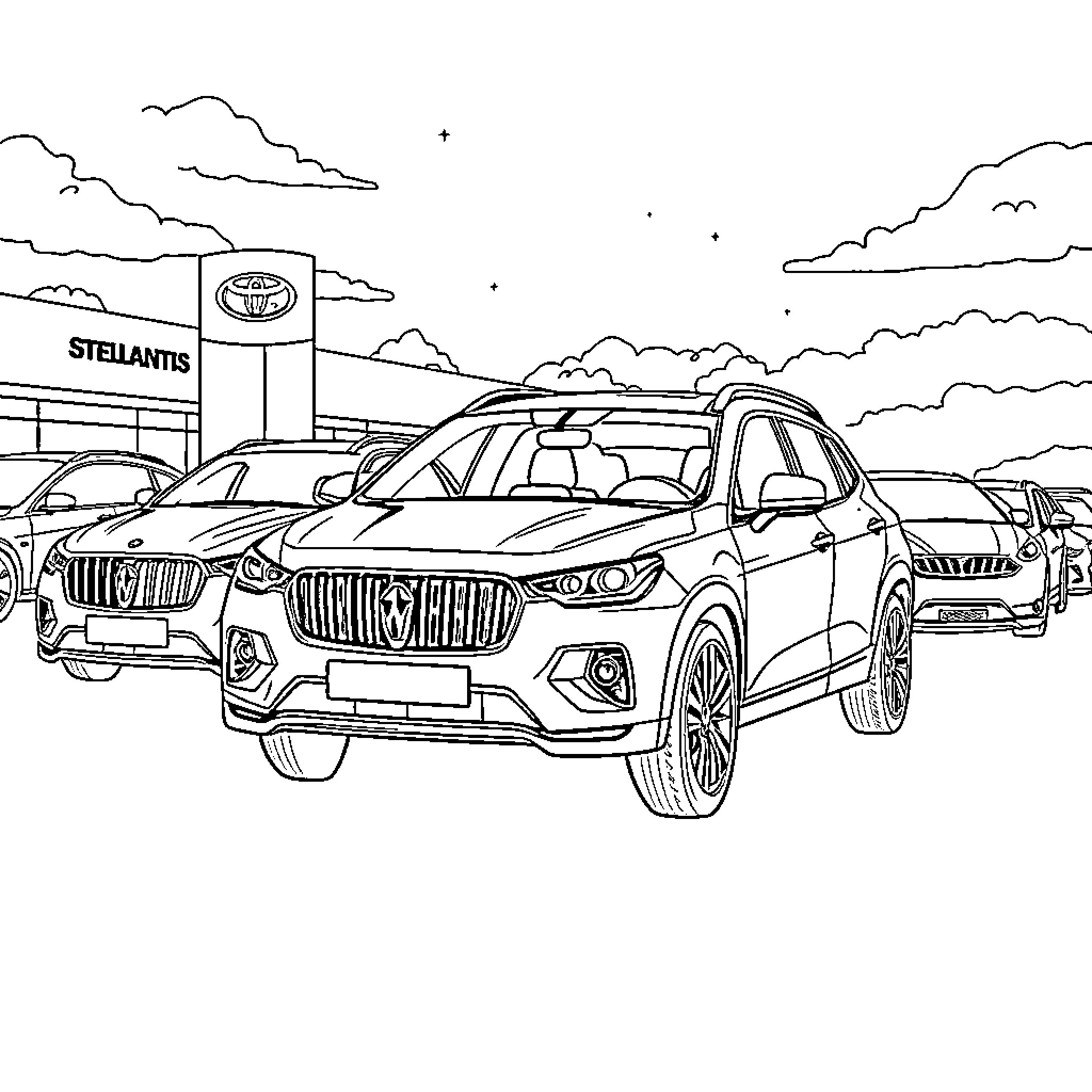 Stellantis Automotive Dealership and Vehicles Coloring Page (free black-and-white line drawing printable PDF for all, from beginners to advanced learners, including children, teens, adults, and seniors)