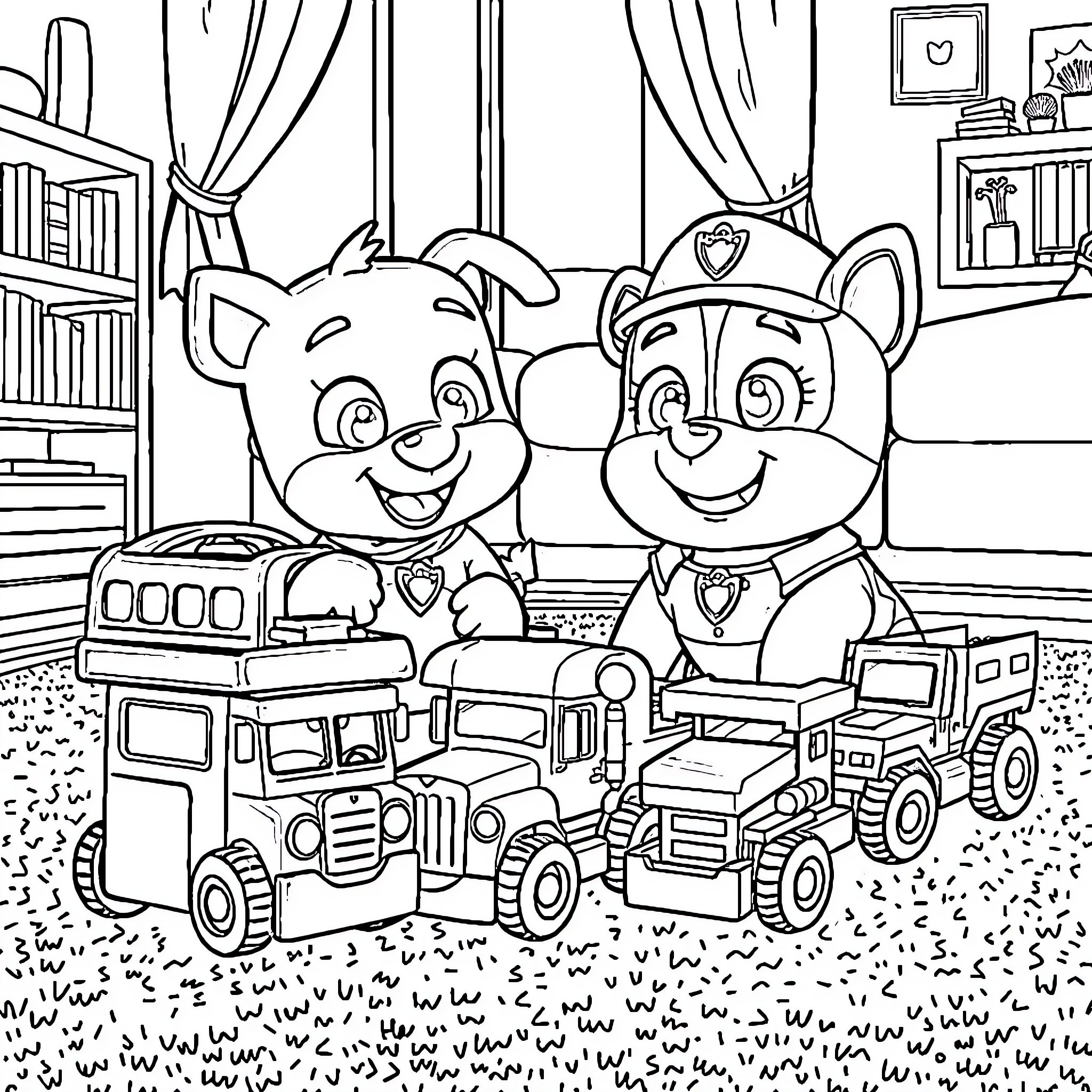 Bluey and Bingo's Playful Adventure with Toy Vehicles Coloring Page (free black-and-white line drawing printable PDF for all, from beginners to advanced learners, including children, teens, adults, and seniors)