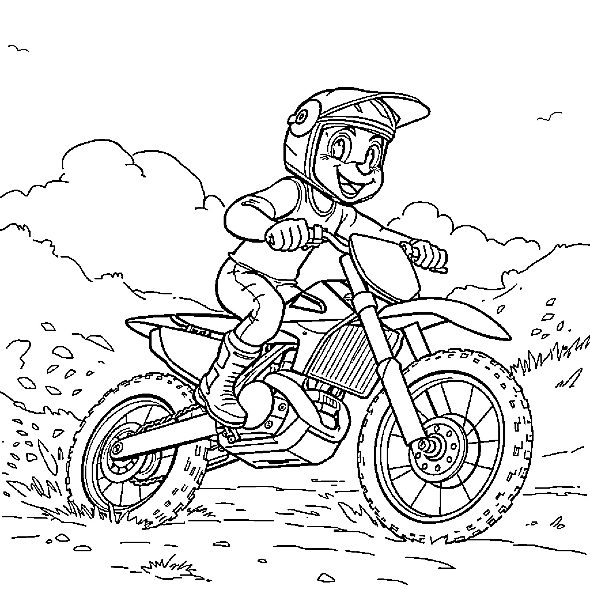 Bluey riding a dirt bike through the countryside Coloring Page (free black-and-white line drawing printable PDF for all, from beginners to advanced learners, including children, teens, adults, and seniors)