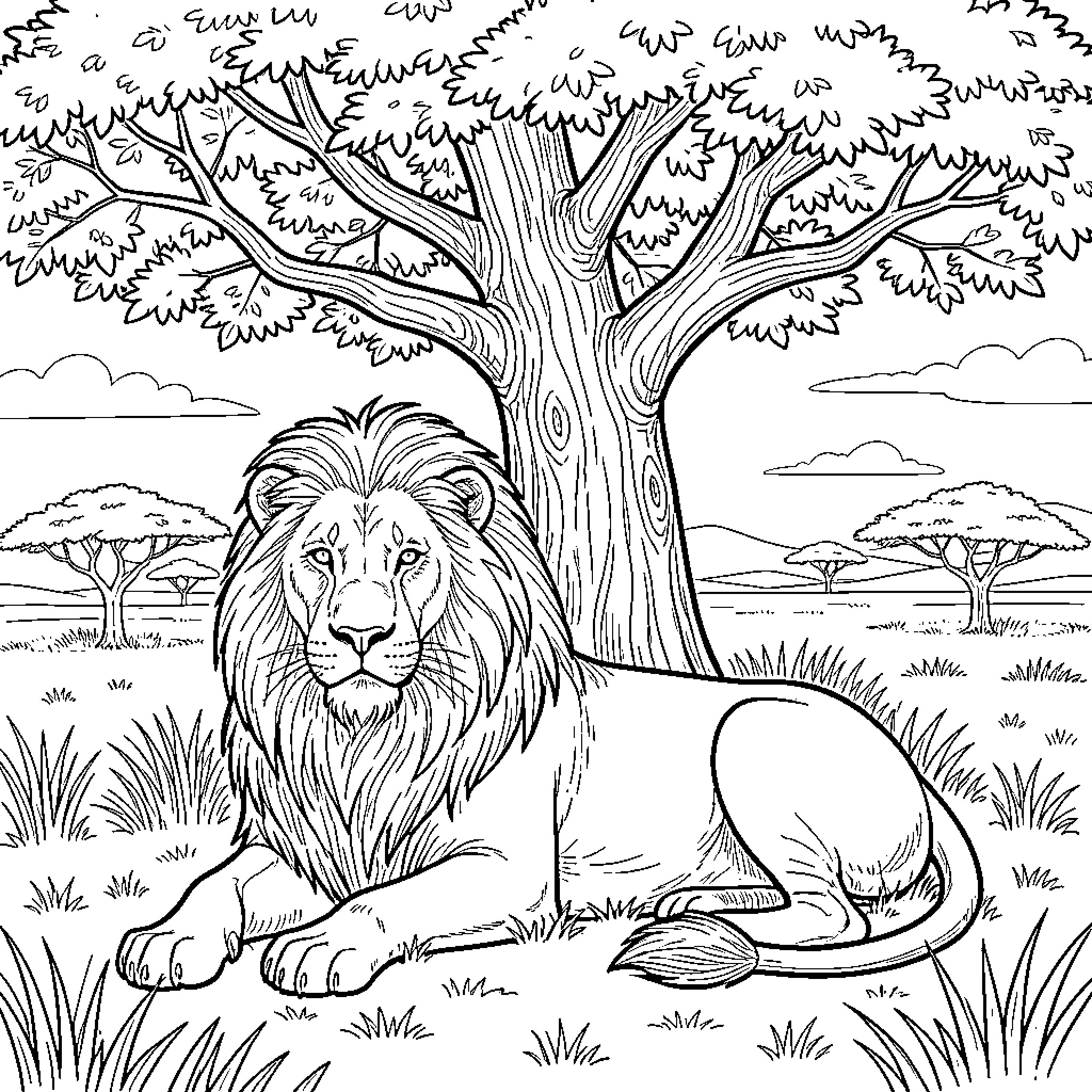 Lion resting under a majestic tree in the wilderness Coloring Page (free black-and-white line drawing printable PDF for all, from beginners to advanced learners, including children, teens, adults, and seniors)