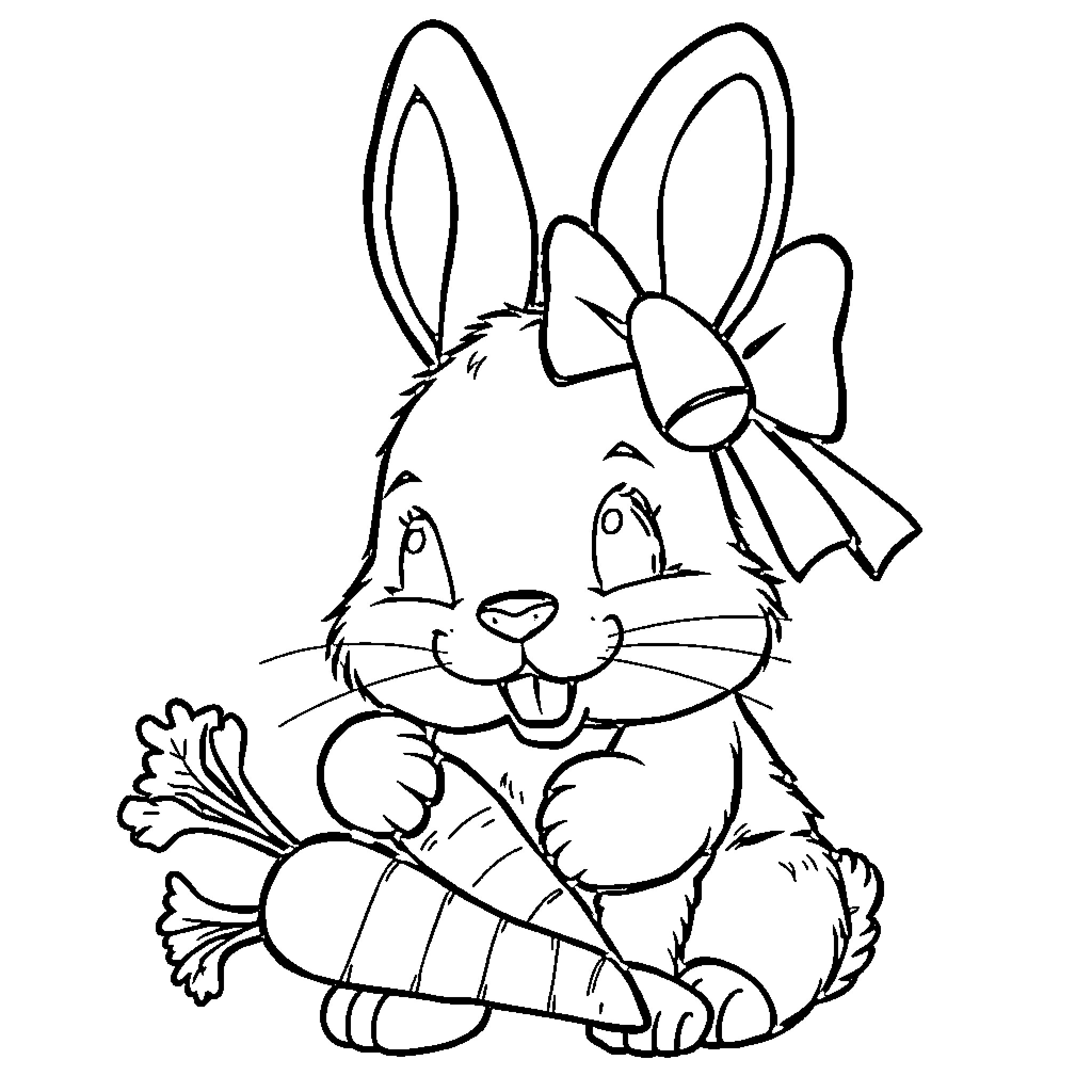 Bunny with bow holding carrot Coloring Page (free black-and-white line drawing printable PDF for all, from beginners to advanced learners, including children, teens, adults, and seniors)