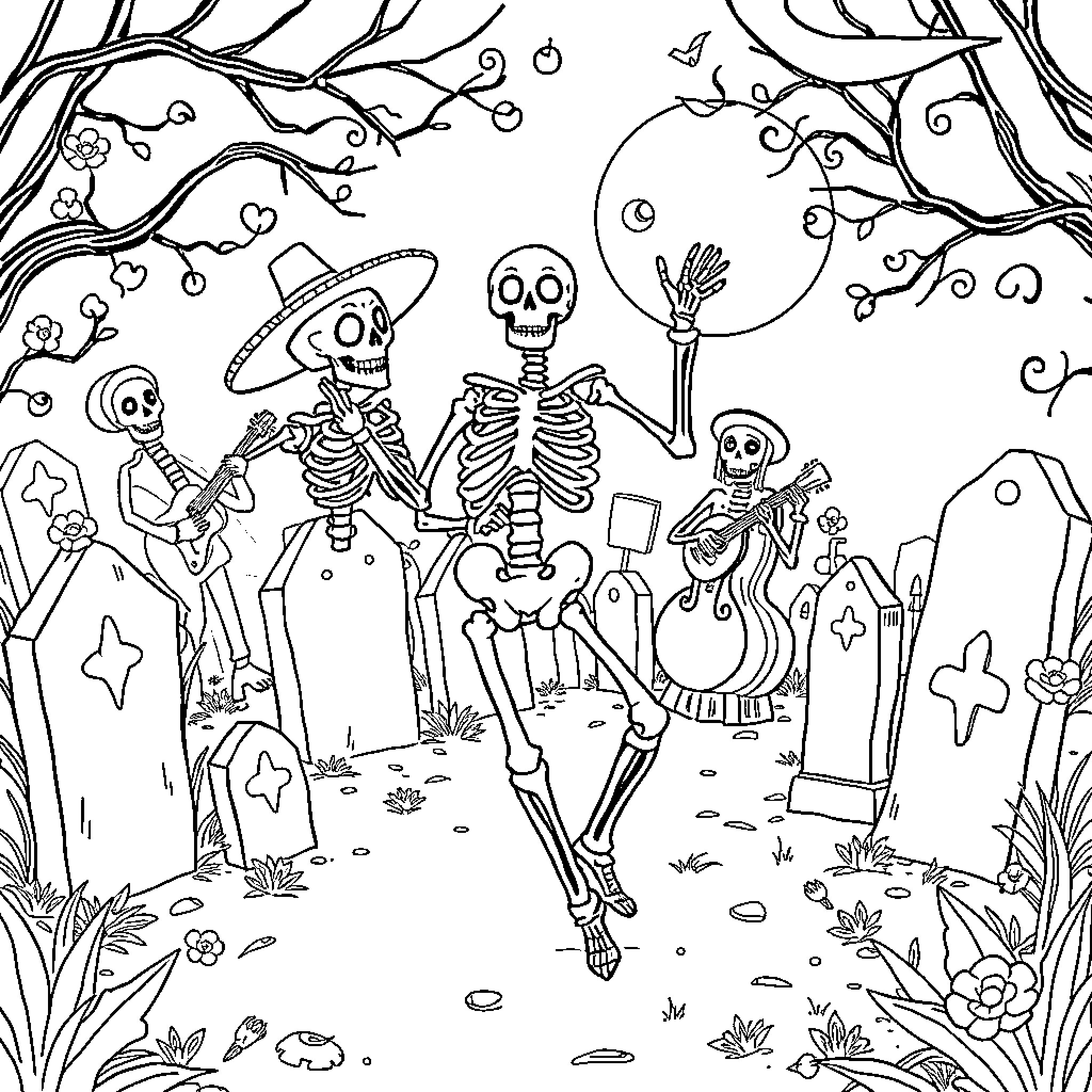 Skeleton Party in the Graveyard Coloring Page (free black-and-white line drawing printable PDF for all, from beginners to advanced learners, including children, teens, adults, and seniors)