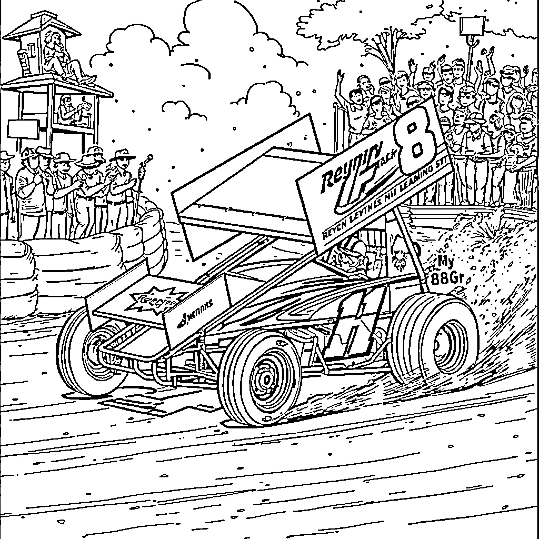 Sprintcar racing in action at the stadium Coloring Page (free black-and-white line drawing printable PDF for all, from beginners to advanced learners, including children, teens, adults, and seniors)