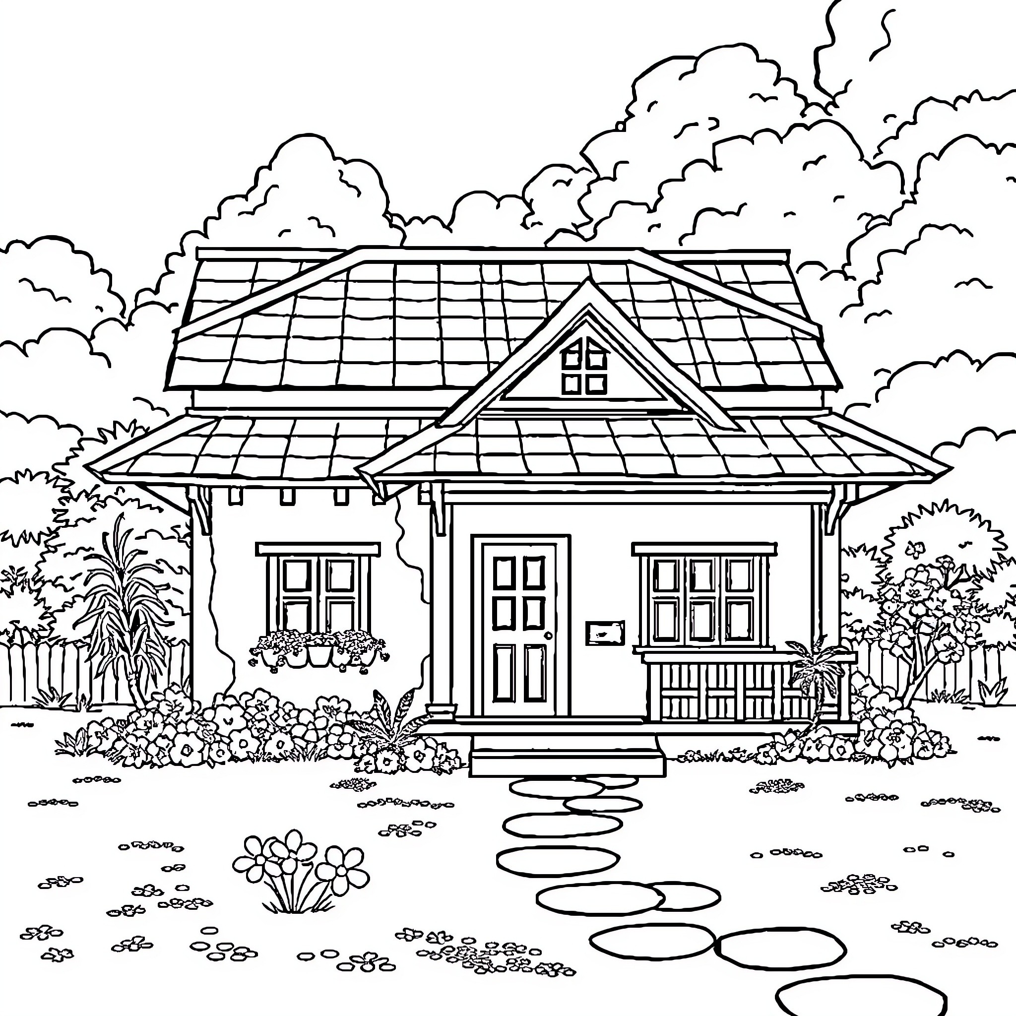 House surrounded by lush greenery and a winding path Coloring Page (free black-and-white line drawing printable PDF for all, from beginners to advanced learners, including children, teens, adults, and seniors)