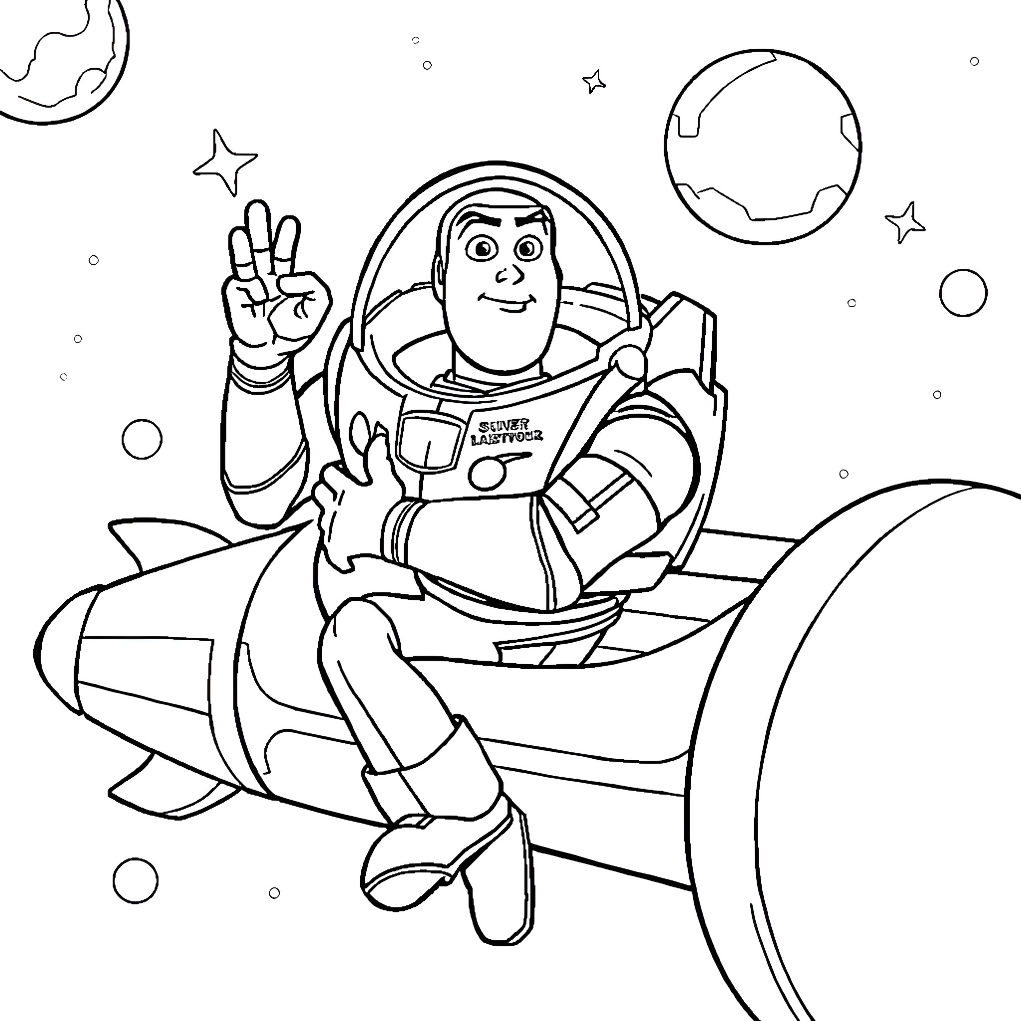 Buzz Lightyear on a space adventure Coloring Page (free black-and-white line drawing printable PDF for all, from beginners to advanced learners, including children, teens, adults, and seniors)