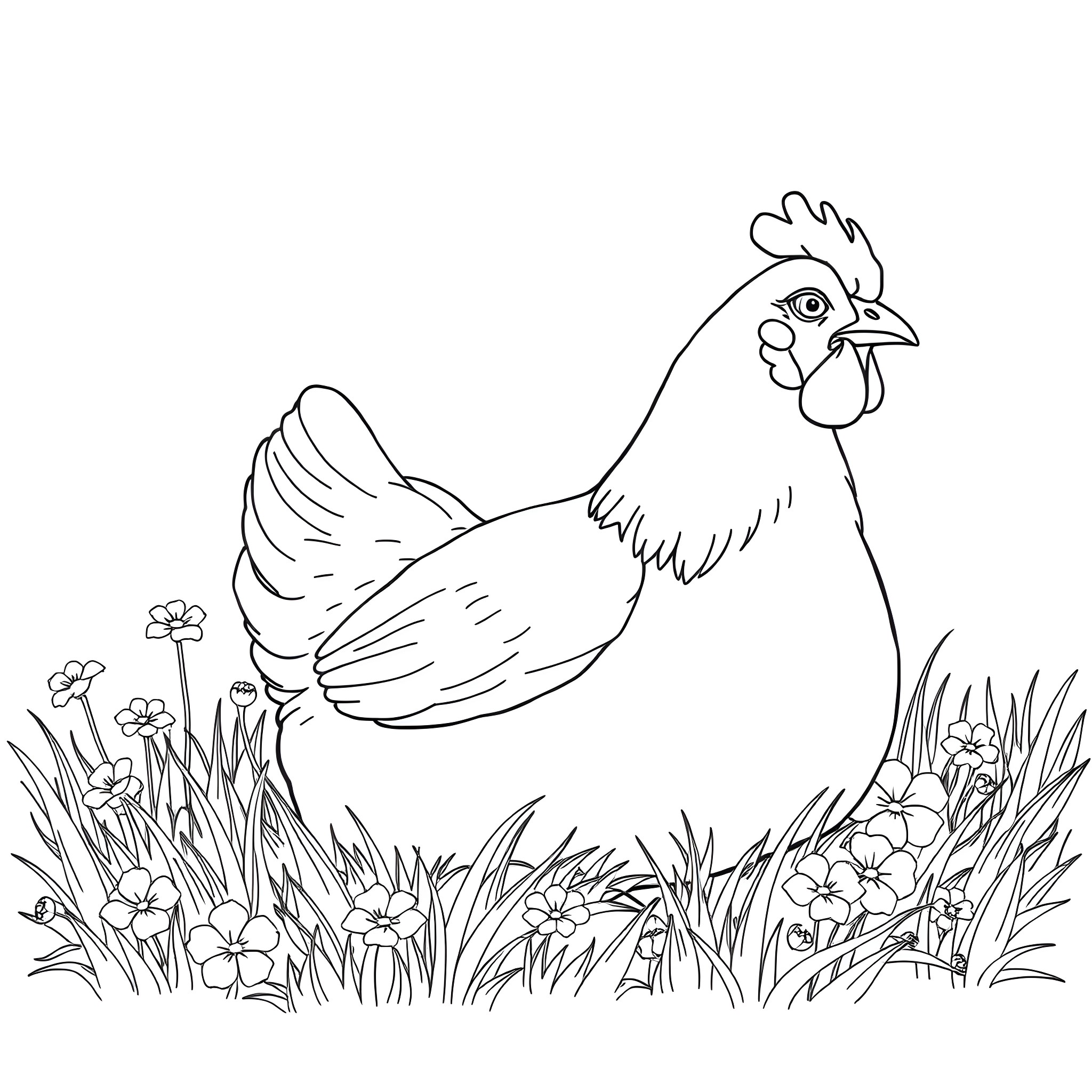 Chicken walking in a flowery field Coloring Page (free black-and-white line drawing printable PDF for all, from beginners to advanced learners, including children, teens, adults, and seniors)