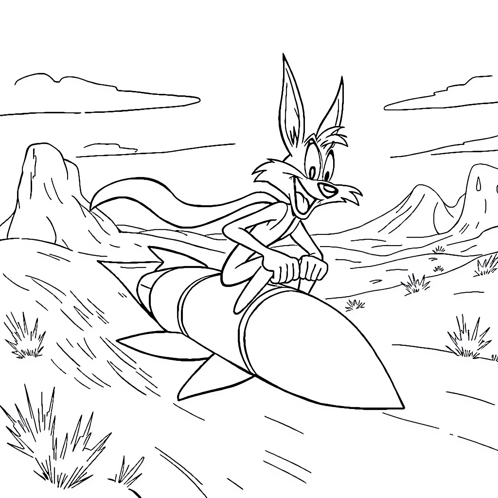 Wile E. Coyote in a desert landscape Coloring Page (free black-and-white line drawing printable PDF for all, from beginners to advanced learners, including children, teens, adults, and seniors)