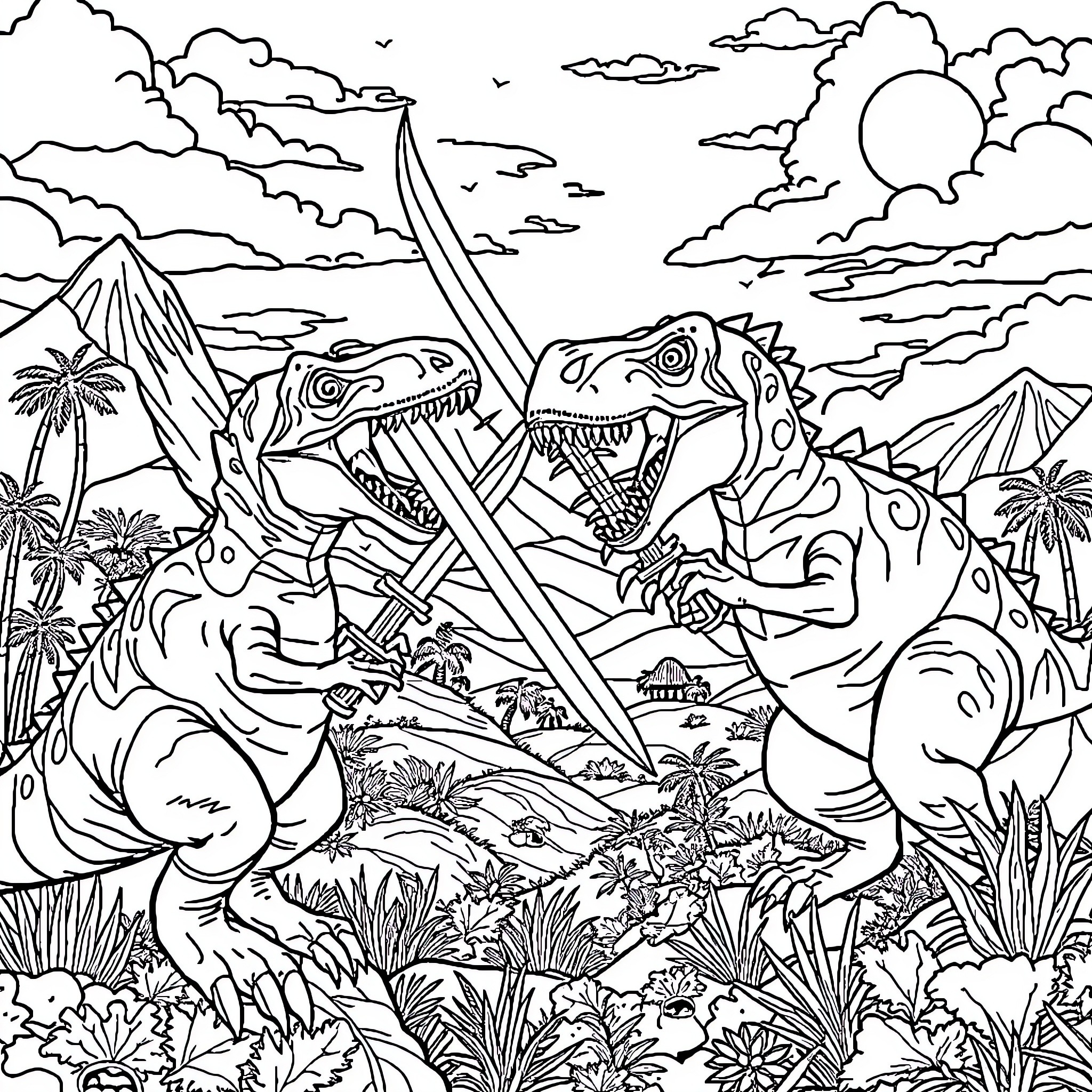 Dinosaurs battling ferociously in a prehistoric landscape Coloring Page (free black-and-white line drawing printable PDF for all, from beginners to advanced learners, including children, teens, adults, and seniors)