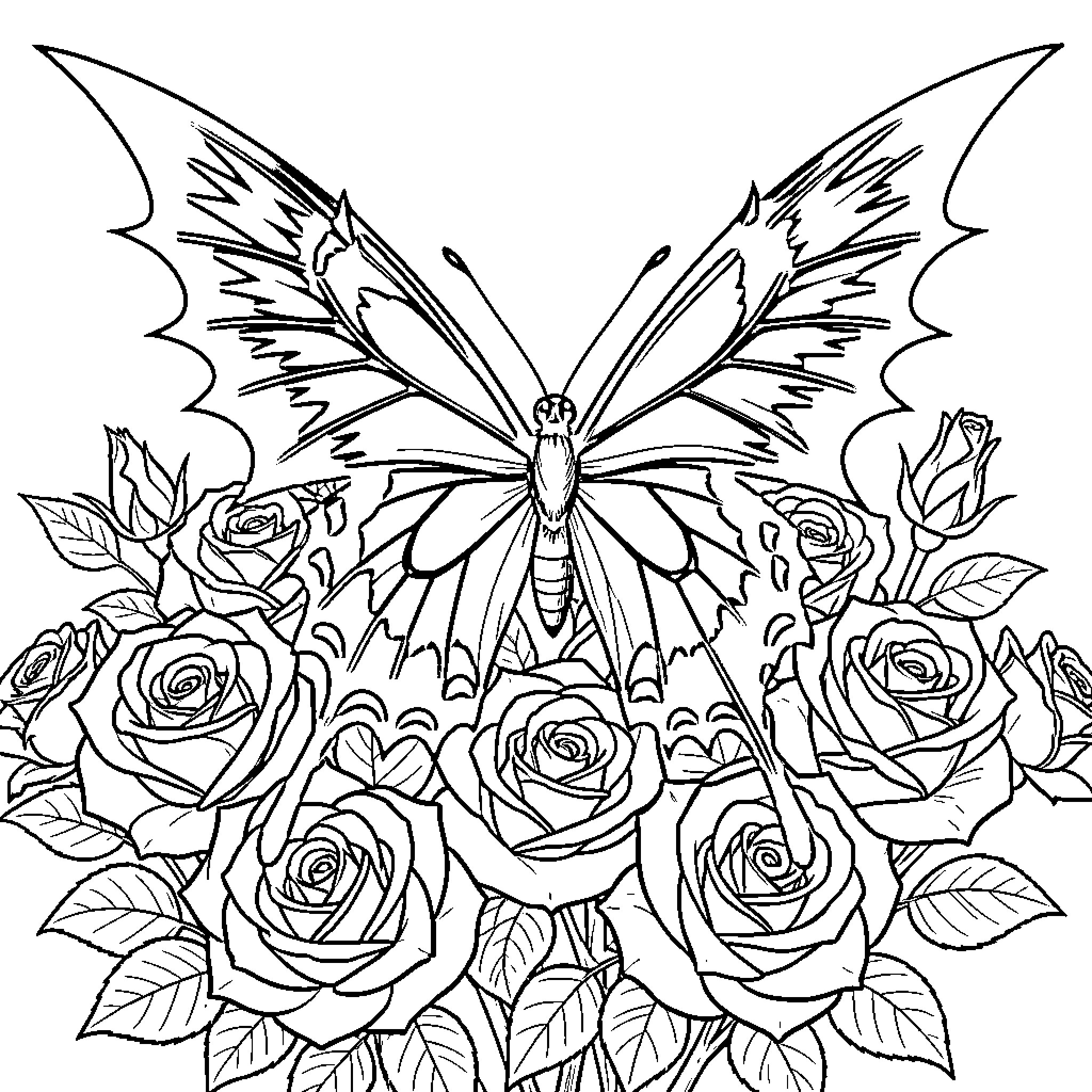 Butterfly with detailed wings amidst roses Coloring Page (free black-and-white line drawing printable PDF for all, from beginners to advanced learners, including children, teens, adults, and seniors)