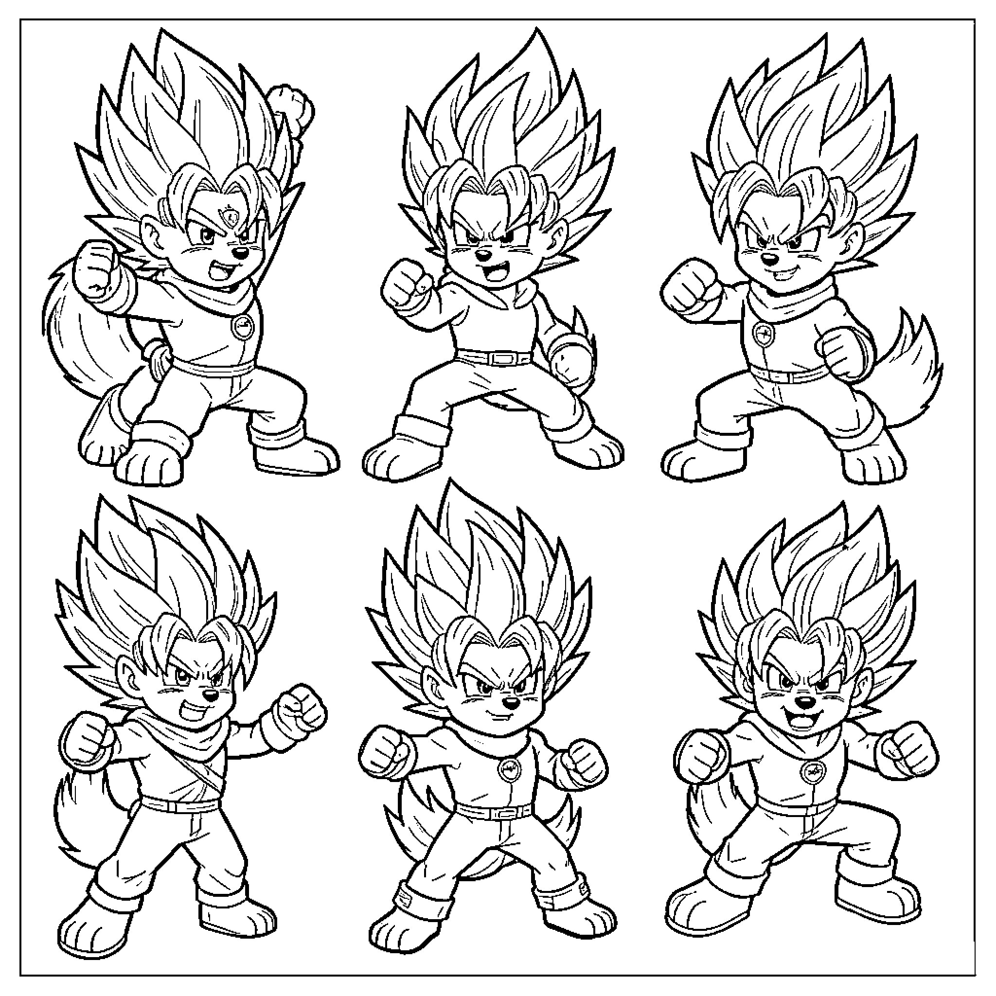 Patrouille de petits guerriers en postures de combat Coloring Page (free black-and-white line drawing printable PDF for all, from beginners to advanced learners, including children, teens, adults, and seniors)