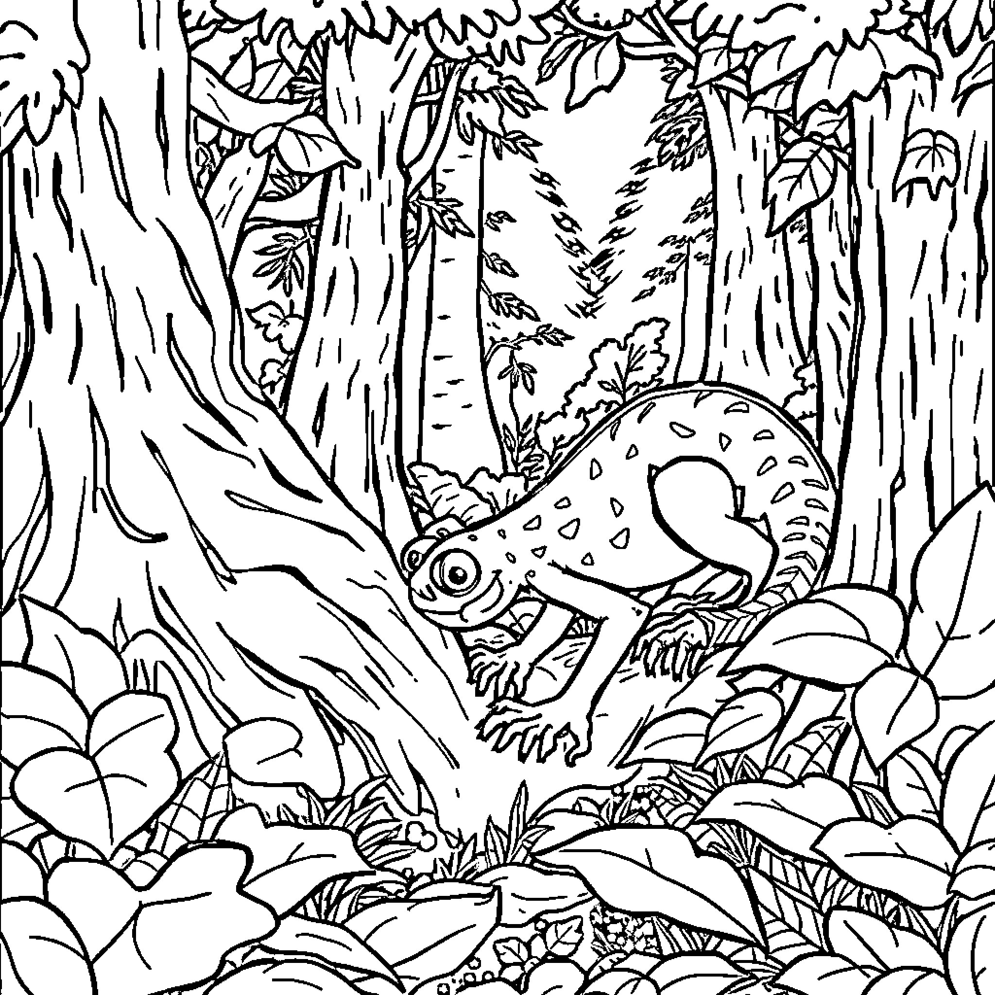 Creeper Chameleon Sneaking Through the Jungle Undergrowth Coloring Page (free black-and-white line drawing printable PDF for all, from beginners to advanced learners, including children, teens, adults, and seniors)