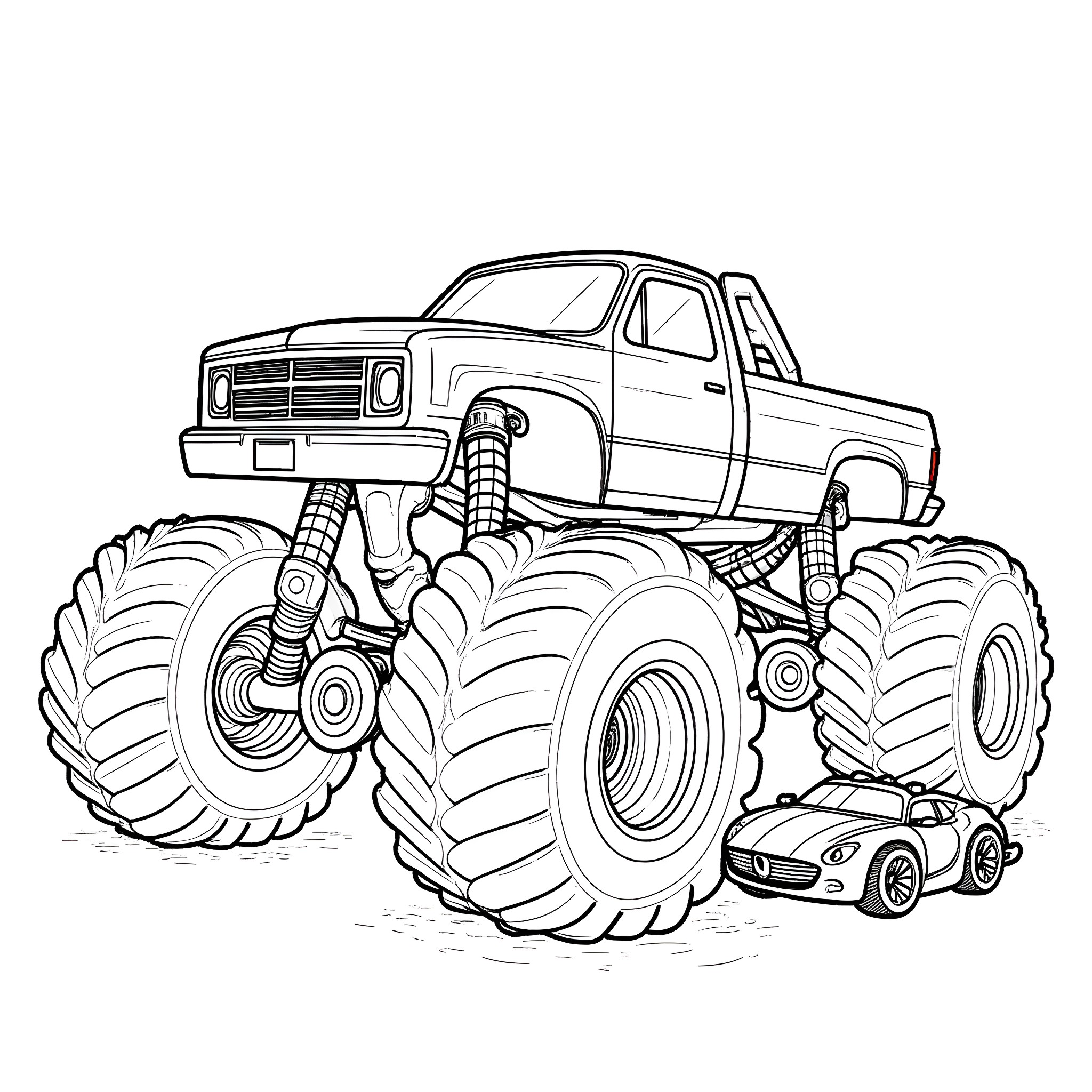 Monster Truck Crushing a Small Car Coloring Page (free black-and-white line drawing printable PDF for all, from beginners to advanced learners, including children, teens, adults, and seniors)