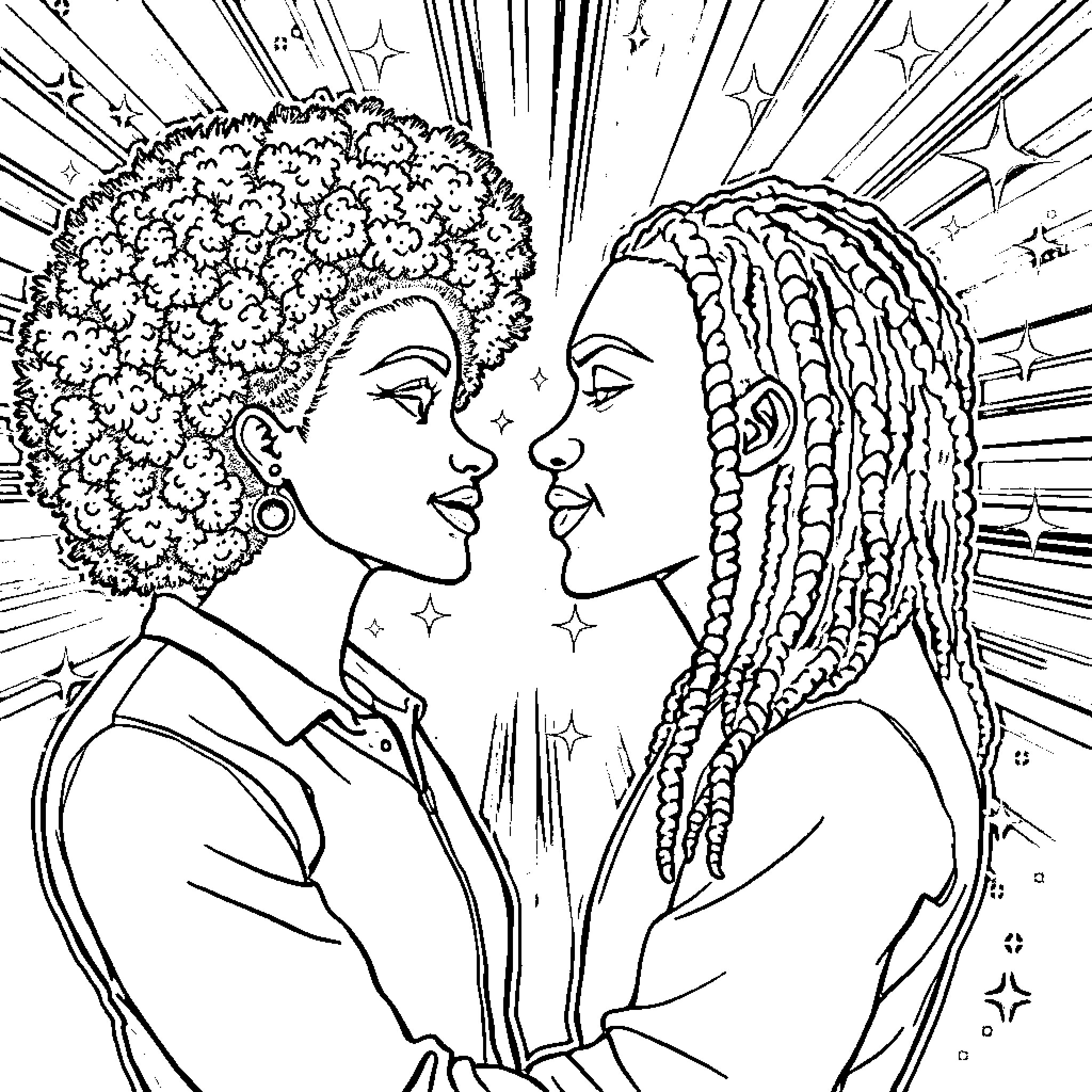 Couple Sharing a Tender Moment Coloring Page (free black-and-white line drawing printable PDF for all, from beginners to advanced learners, including children, teens, adults, and seniors)