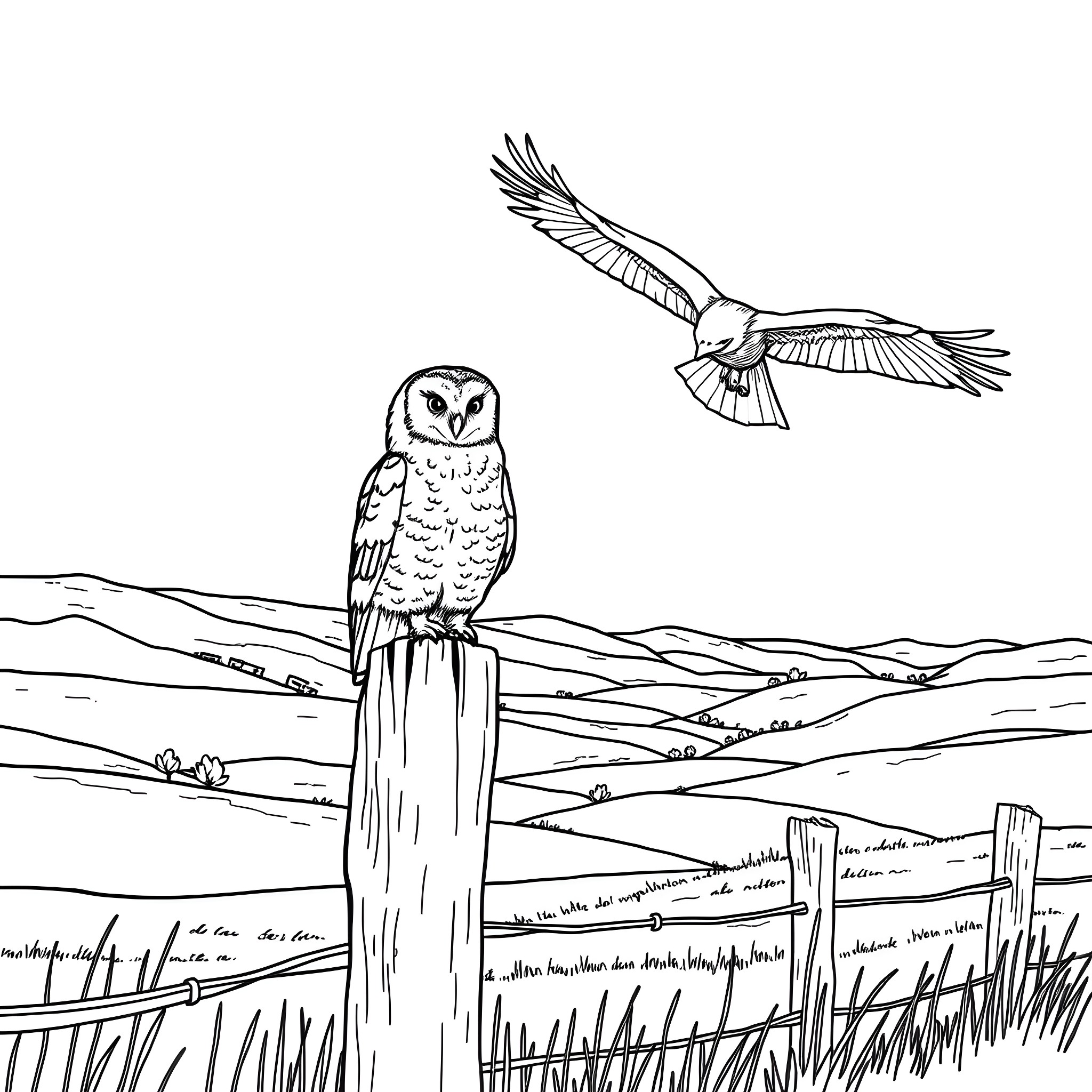 Owl perched on post observing soaring raptor Coloring Page (free black-and-white line drawing printable PDF for all, from beginners to advanced learners, including children, teens, adults, and seniors)