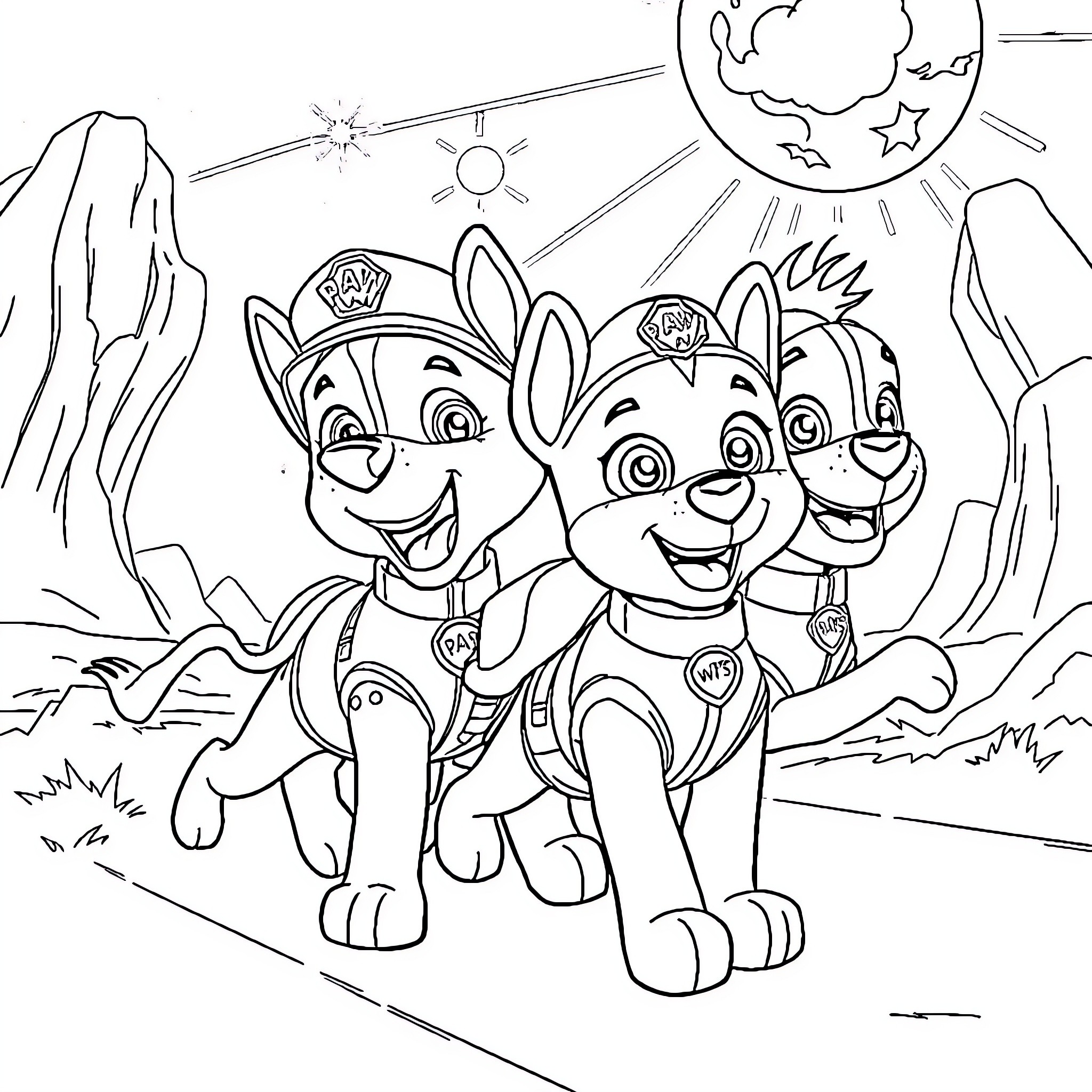 Paw Patrol Pups on Outdoor Adventure Coloring Page (free black-and-white line drawing printable PDF for all, from beginners to advanced learners, including children, teens, adults, and seniors)
